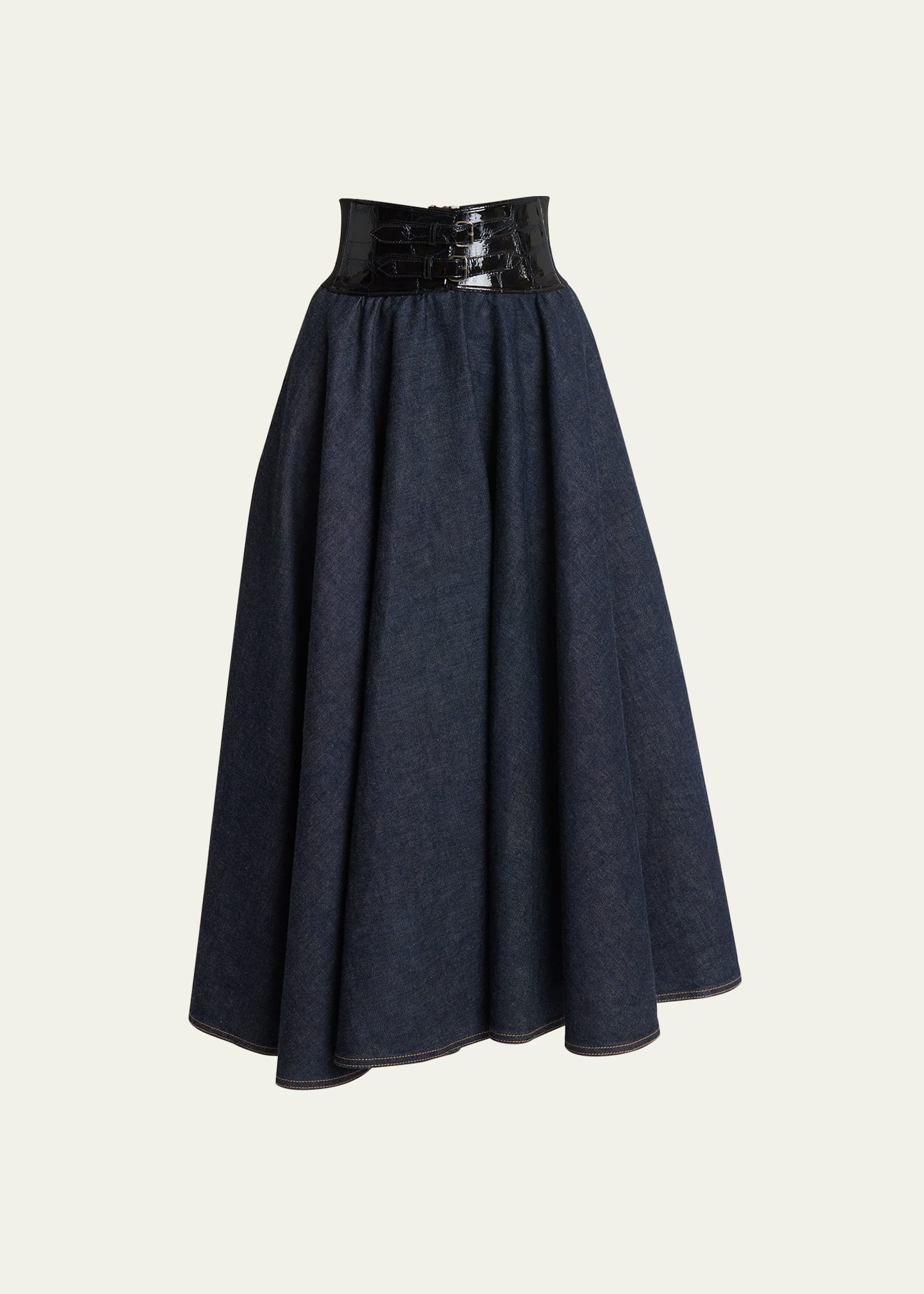Shop Alaïa Embossed Leather Belted Denim Flared Midi Skirt In Bleu Denim