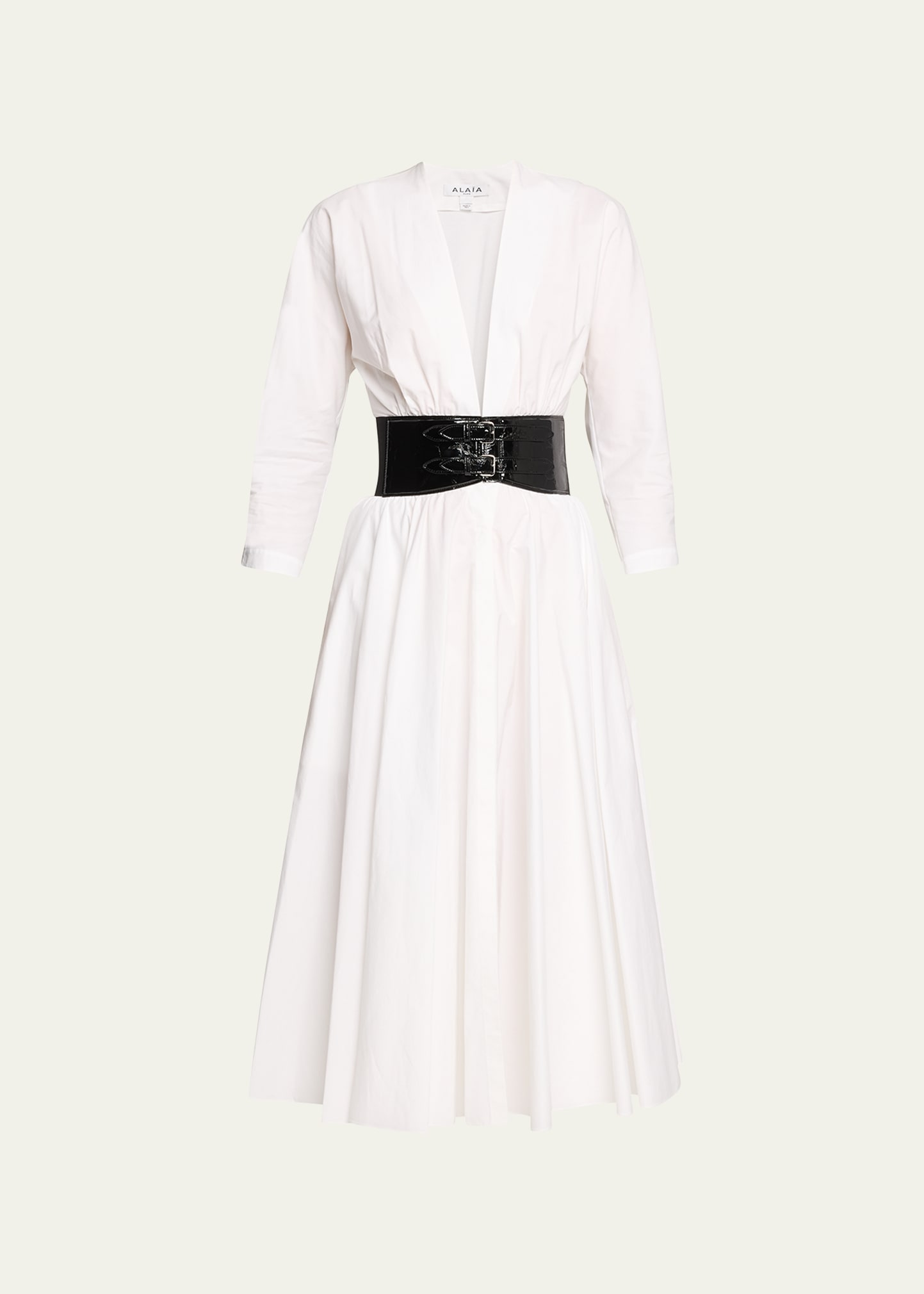 Shop Alaïa Flared Poplin Midi Dress With Embossed Belt In Blanc