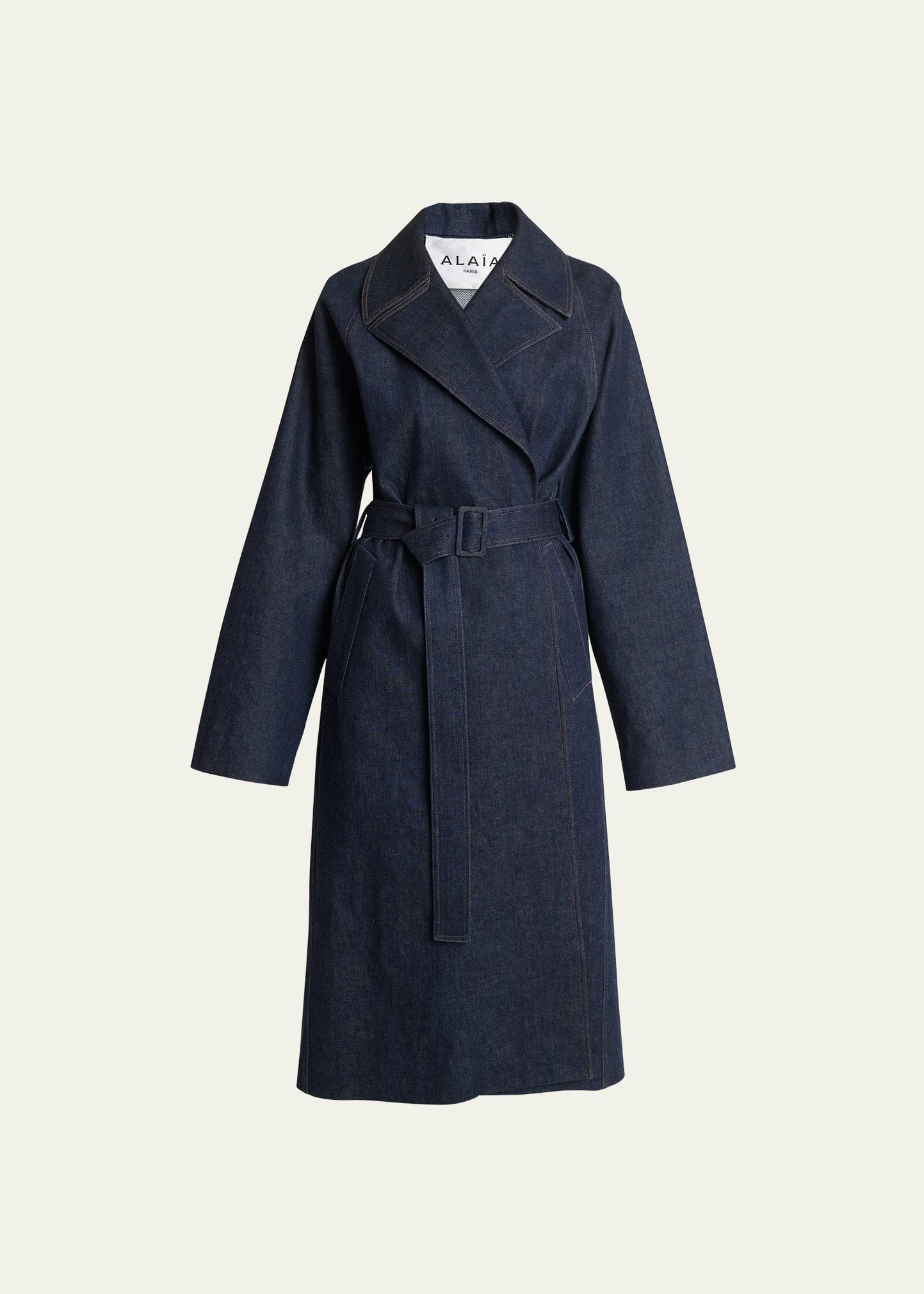 Alaïa Denim Belted Trench Coat In Bleu Denim