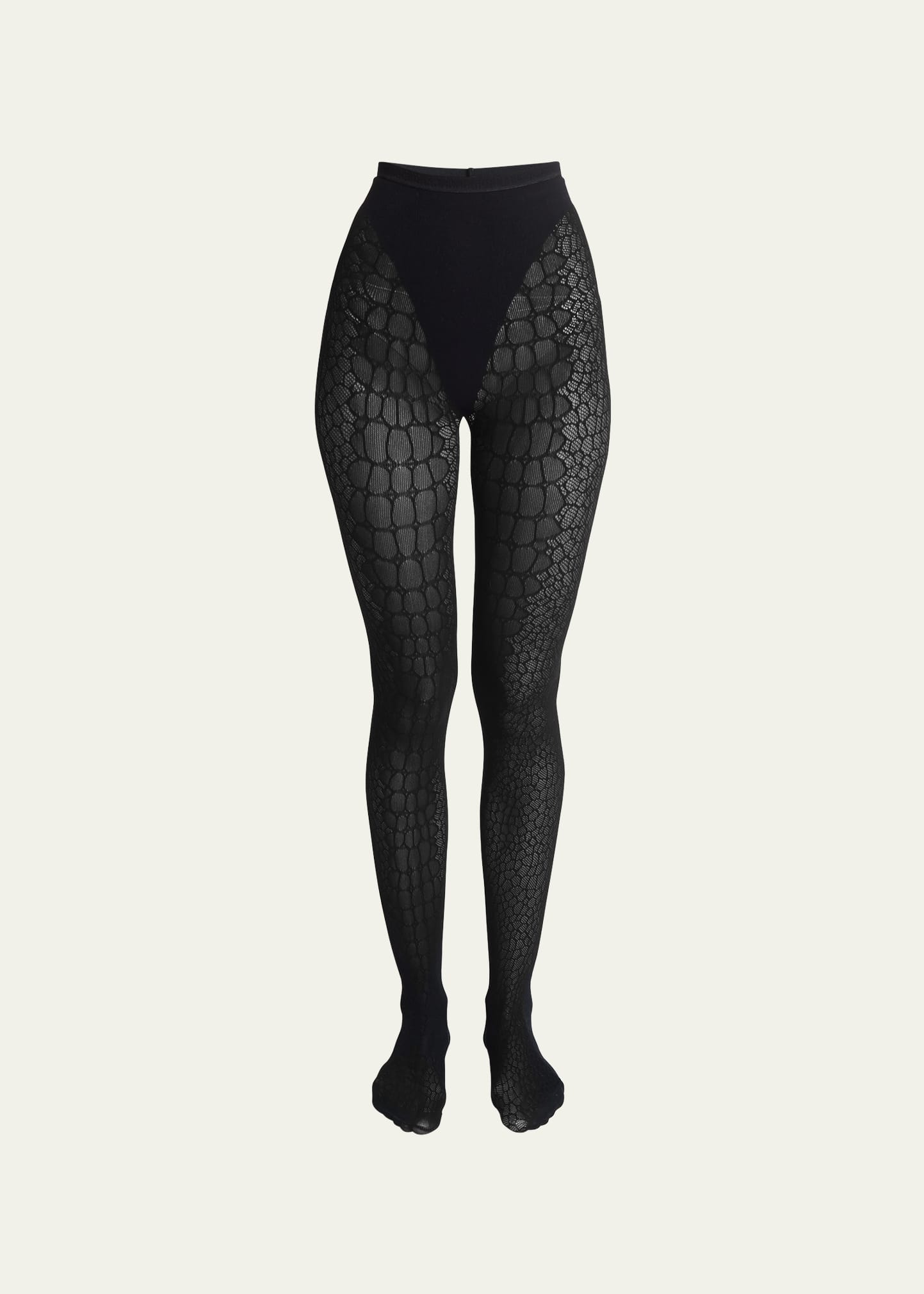 Alaïa Croc Embossed Footed Tights In Noir Alaia