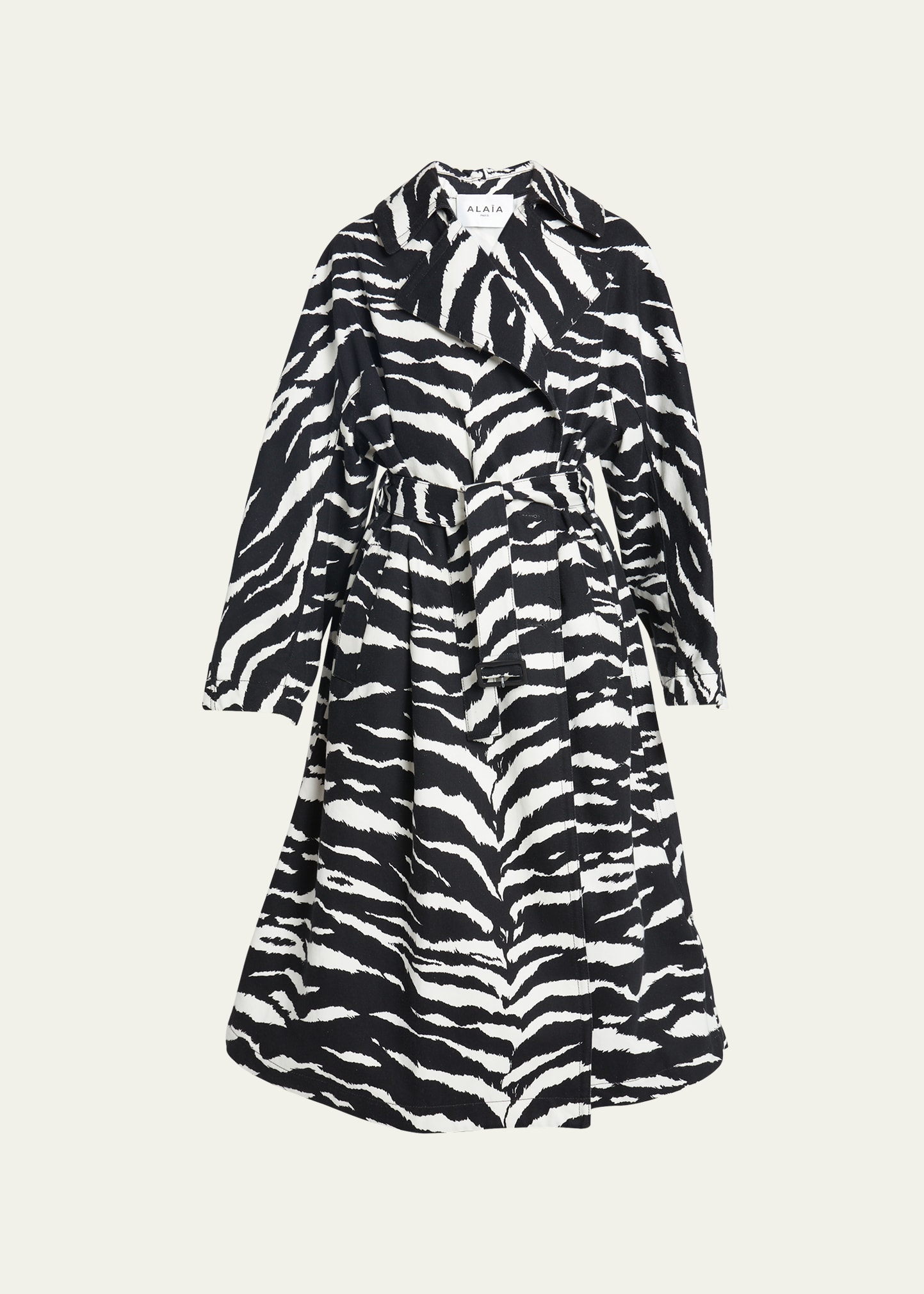 Alaïa Archetypes Belted Leather-trimmed Zebra-print Denim Trench Coat In Noir Blanc
