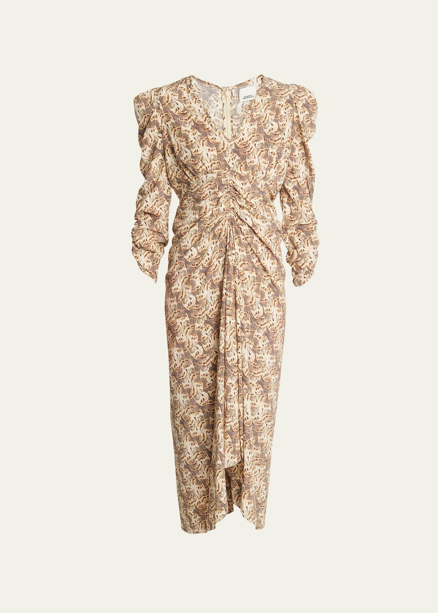 Shop Isabel Marant Albini Ruched Printed Midi Silk Dress In Natural