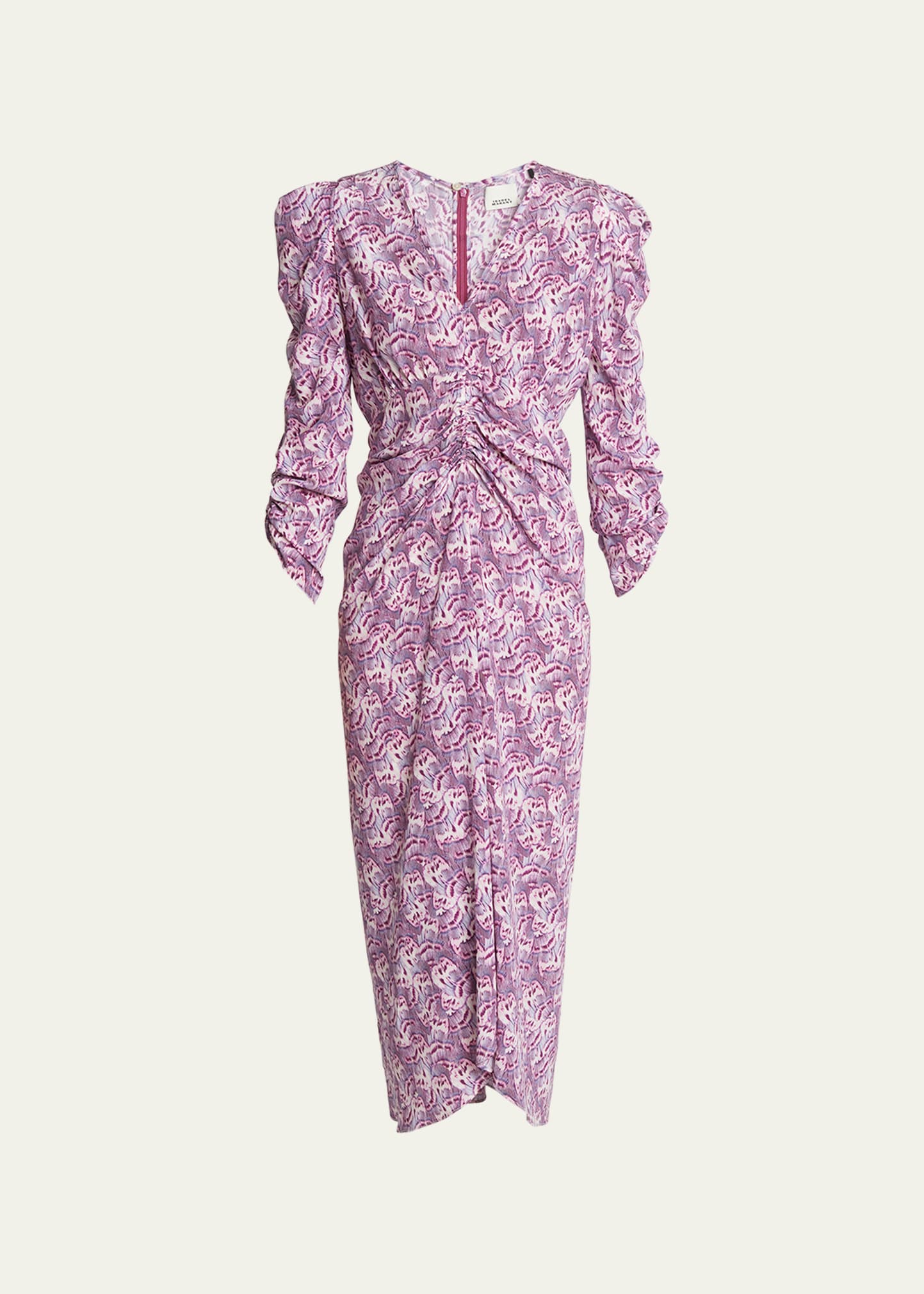 Shop Isabel Marant Albini Ruched Printed Midi Silk Dress In Mauve