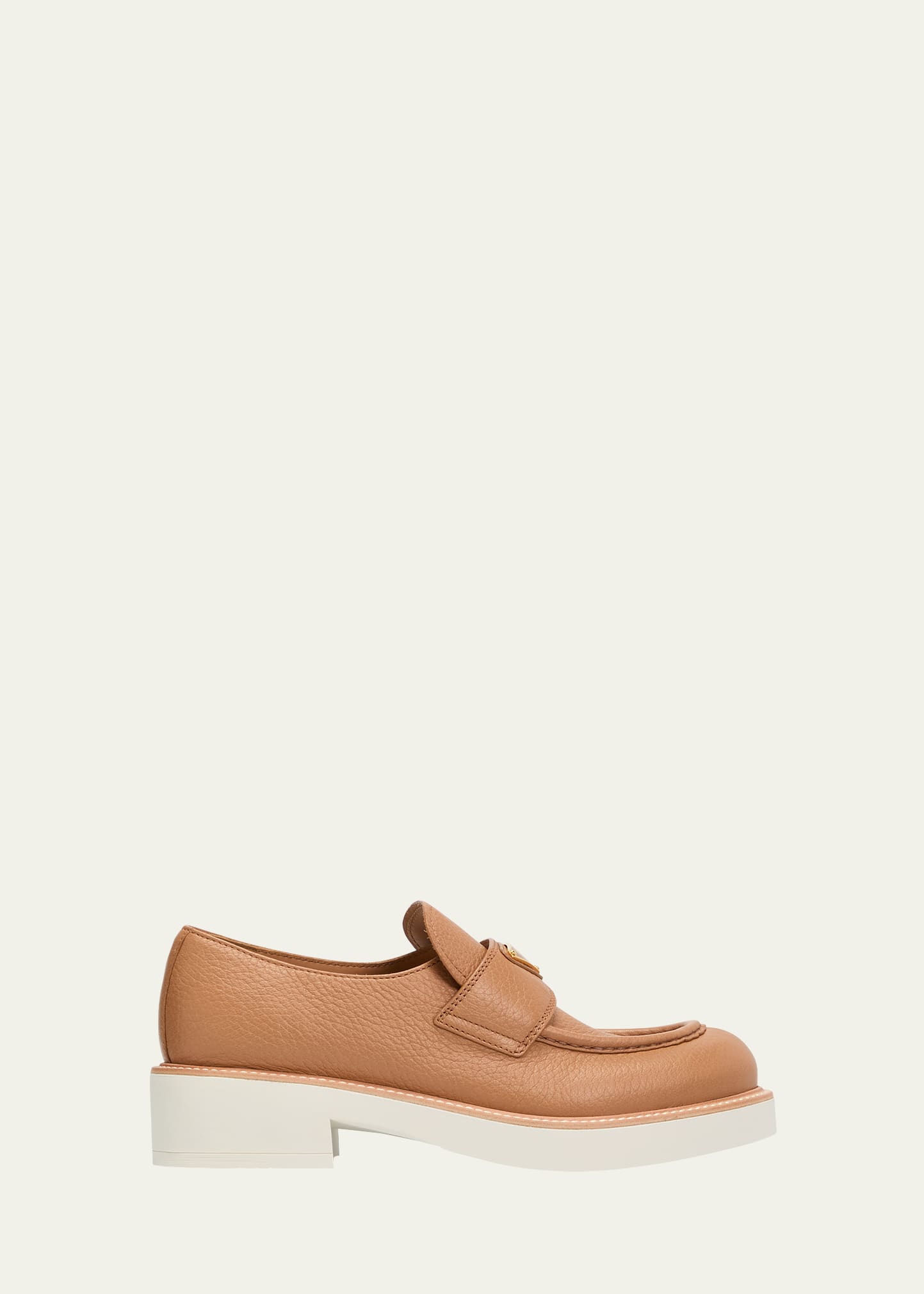 Shop Prada Leather Triangle Logo Casual Loafers In Caramel