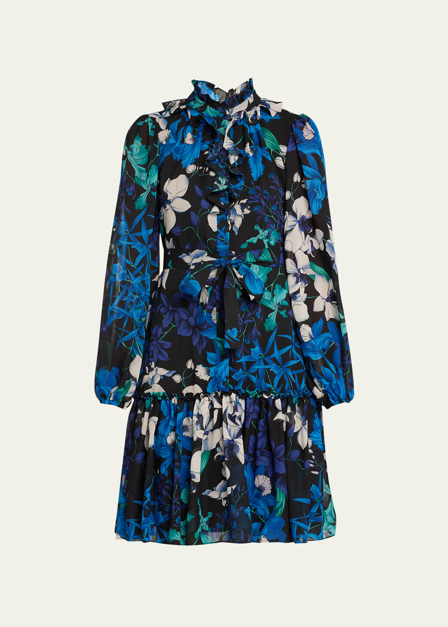 Paisley Floral-Print Balloon-Sleeve Midi Dress