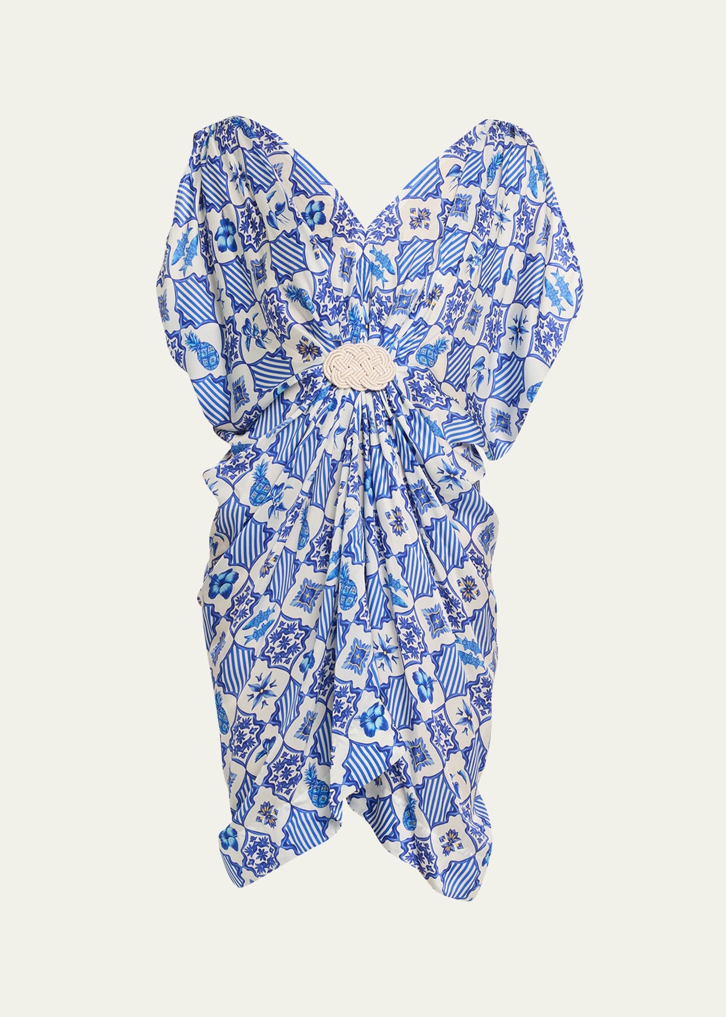 Azulejos-Print Draped Kaftan Mini Dress