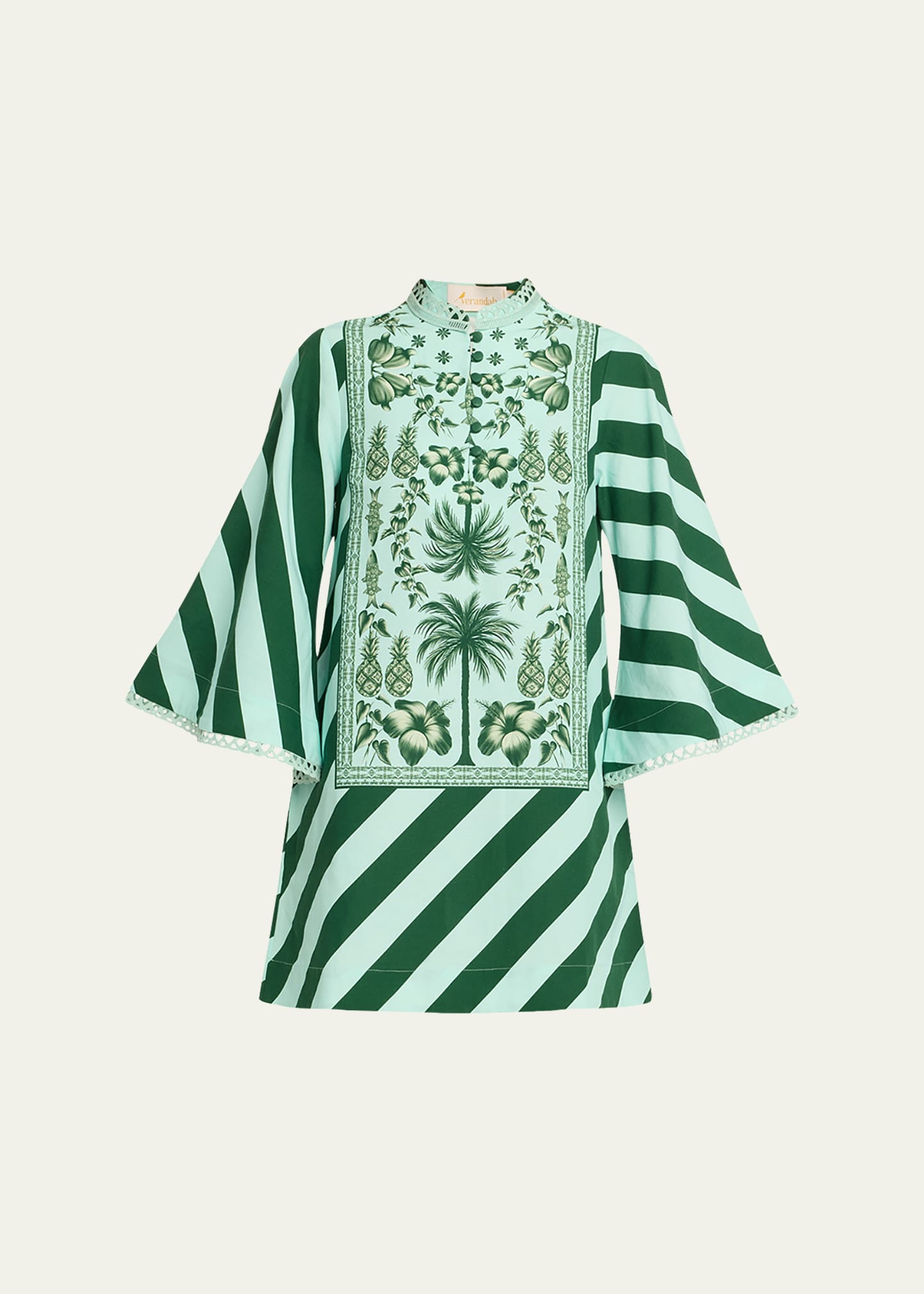 Verandah Azulejos Mini Kaftan Dress In Aqua And Emerald