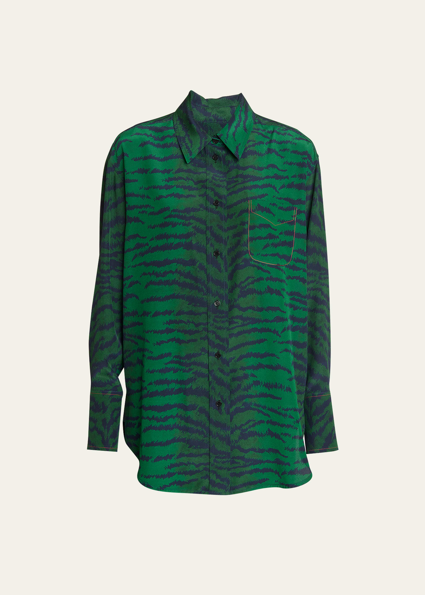 Shop Victoria Beckham Tiger-print Oversized Silk Pajama Shirt In Green/navy