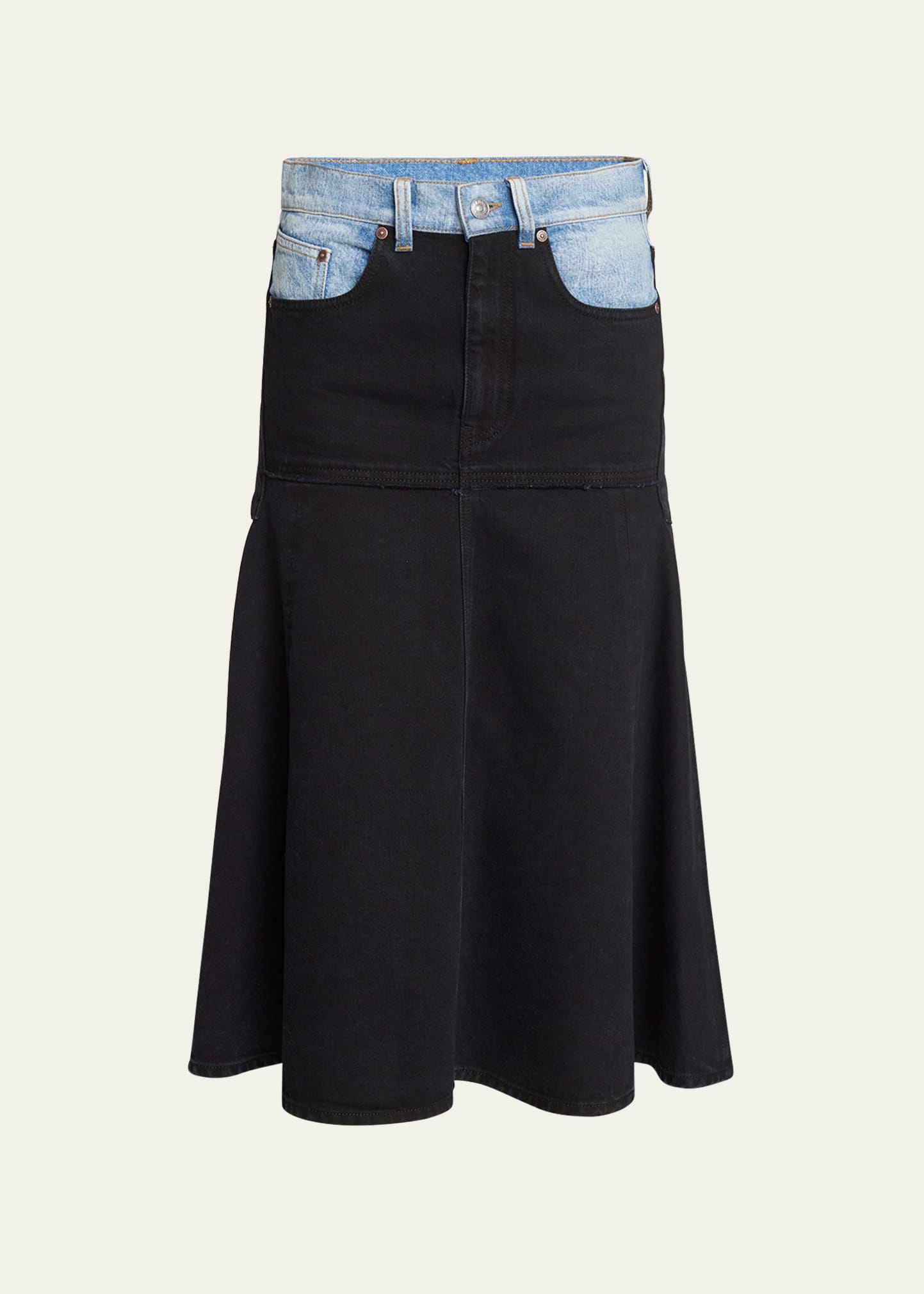 Shop Victoria Beckham Patched Denim Fit-flare Midi Skirt In Contrast Wash
