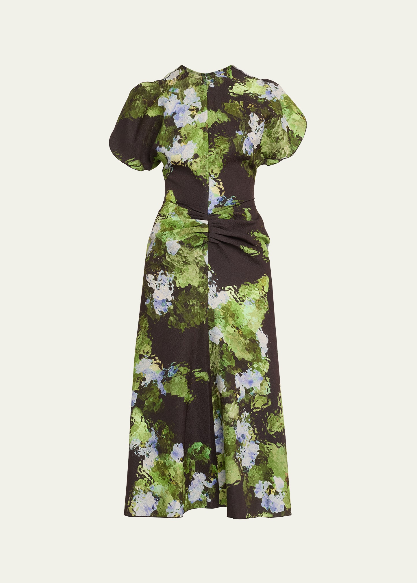 Victoria Beckham Watercolor Floral-print Gathered Midi Dress In Black/frost