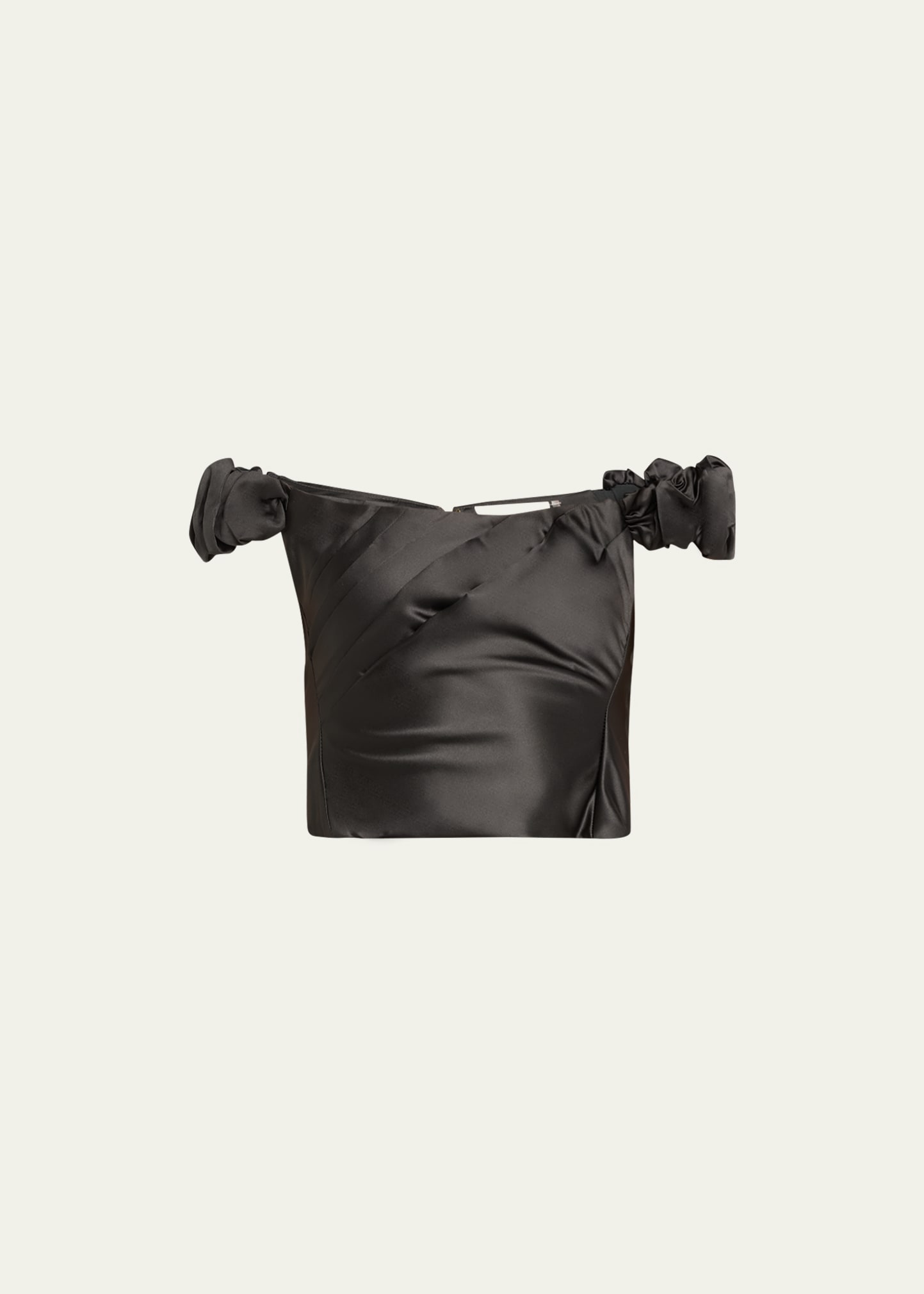 Loveshackfancy Ileana Off-the-shoulder Puff-sleeve Satin Crop Top In Black