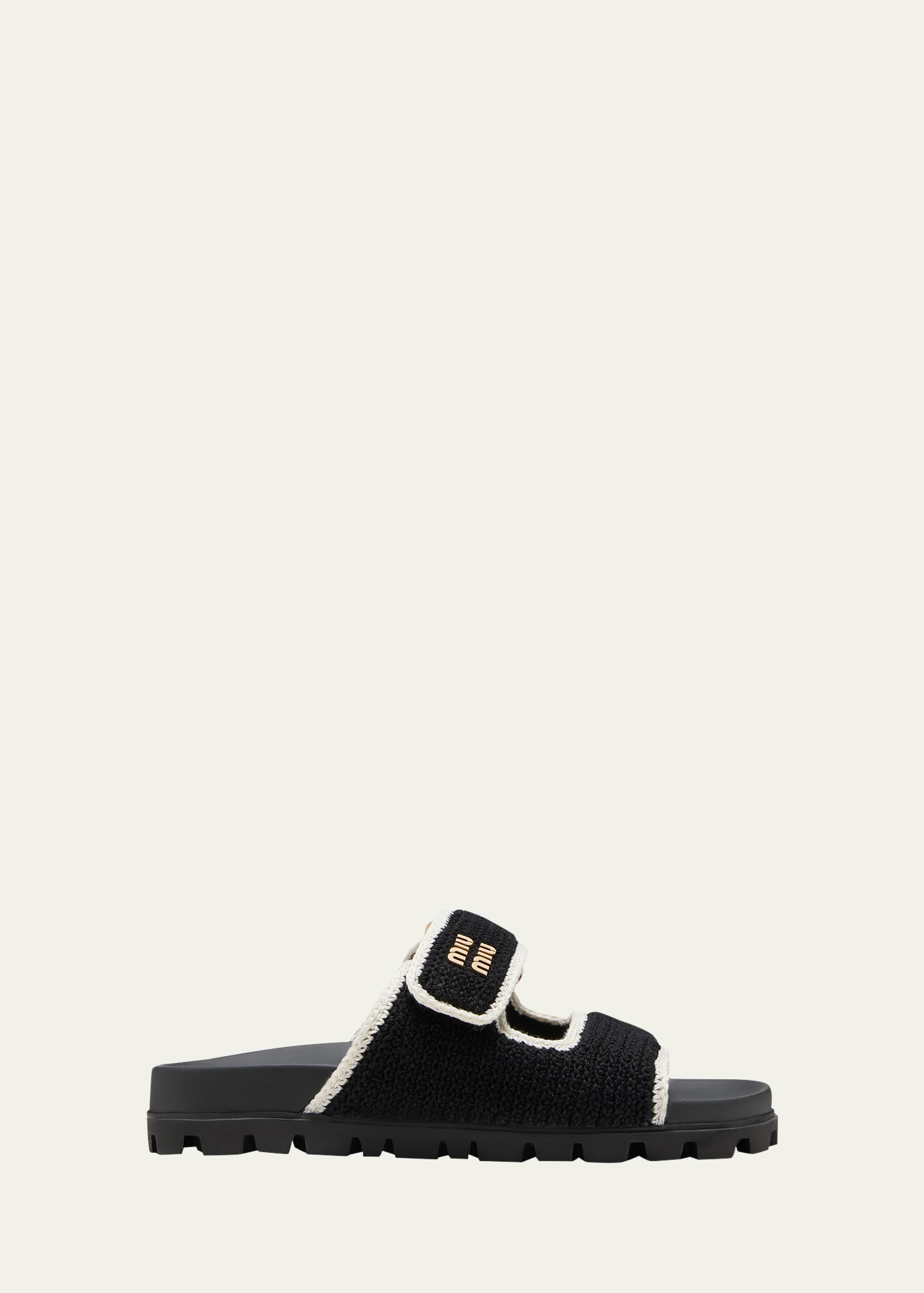 Miu Miu Bicolor Crochet Grip Slide Sandals In Nero Avorio