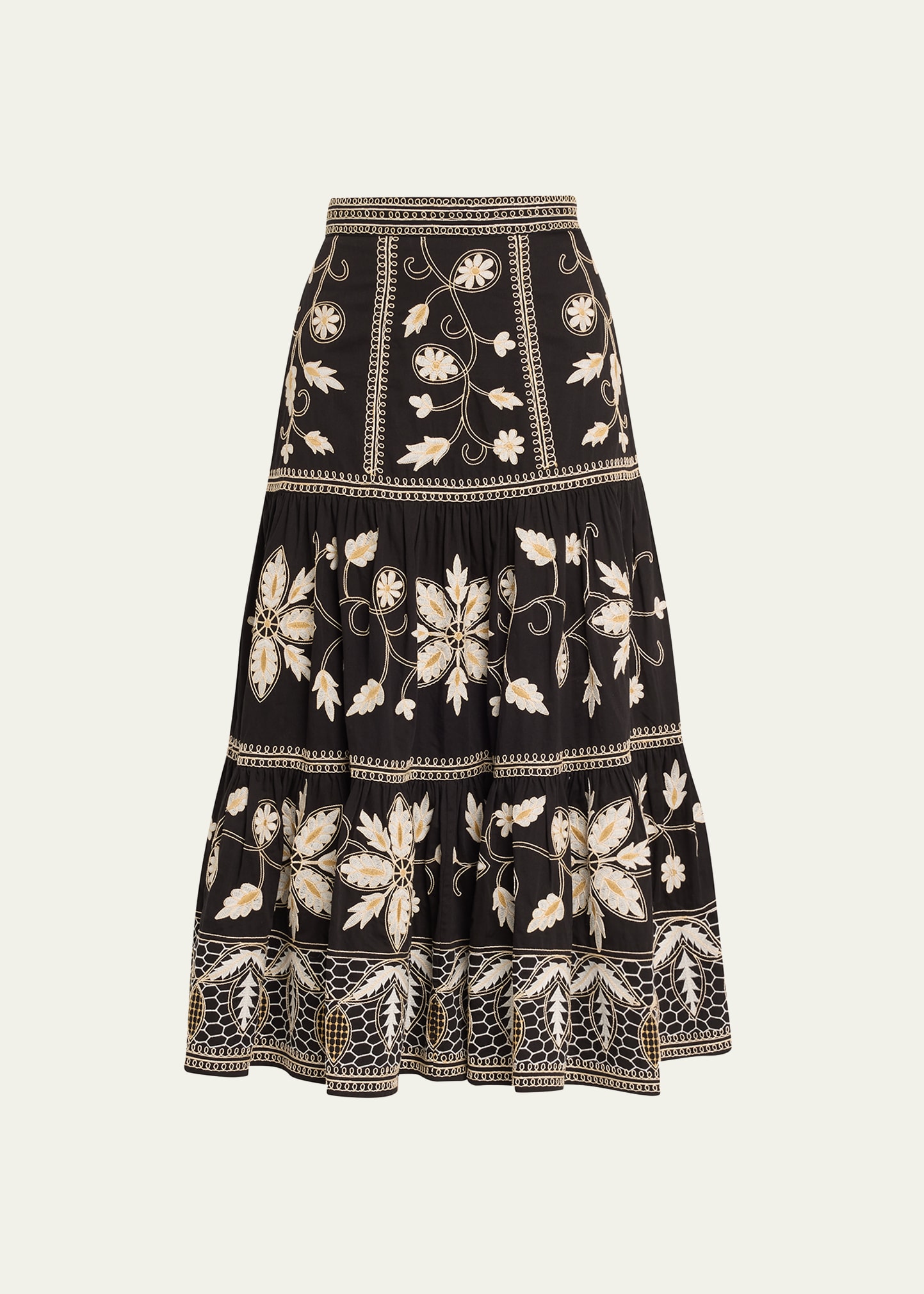 Figue Camryne Floral-embroidered Tiered Midi Skirt In Black