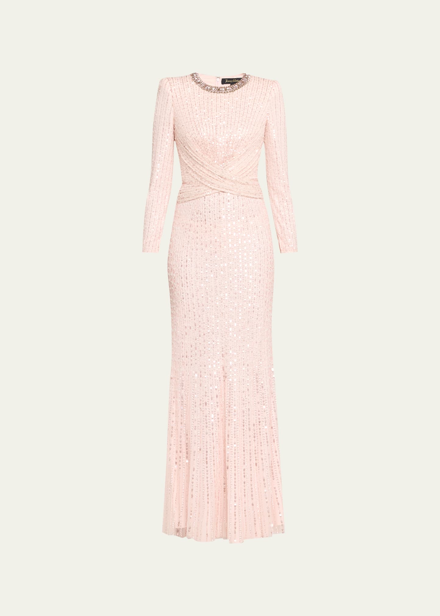 Jenny Packham Macelline Sequined Crystal Crossover Long-sleeve Gown In Fox Coral