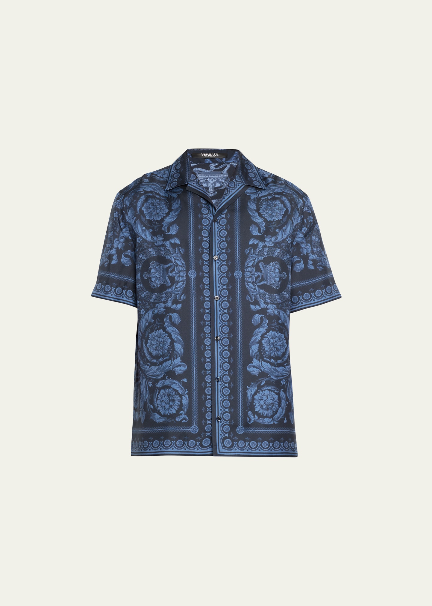 Shop Versace Men's Baroque-print Silk Short-sleeve Shirt In Navy Blue
