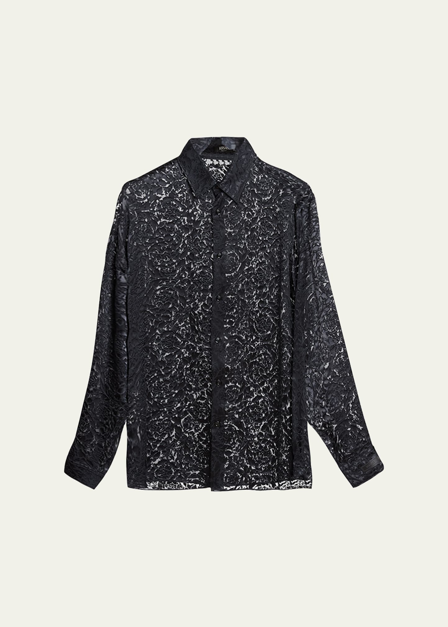 Shop Versace Men's Sheer Barocco Devore Dress Shirt In Black