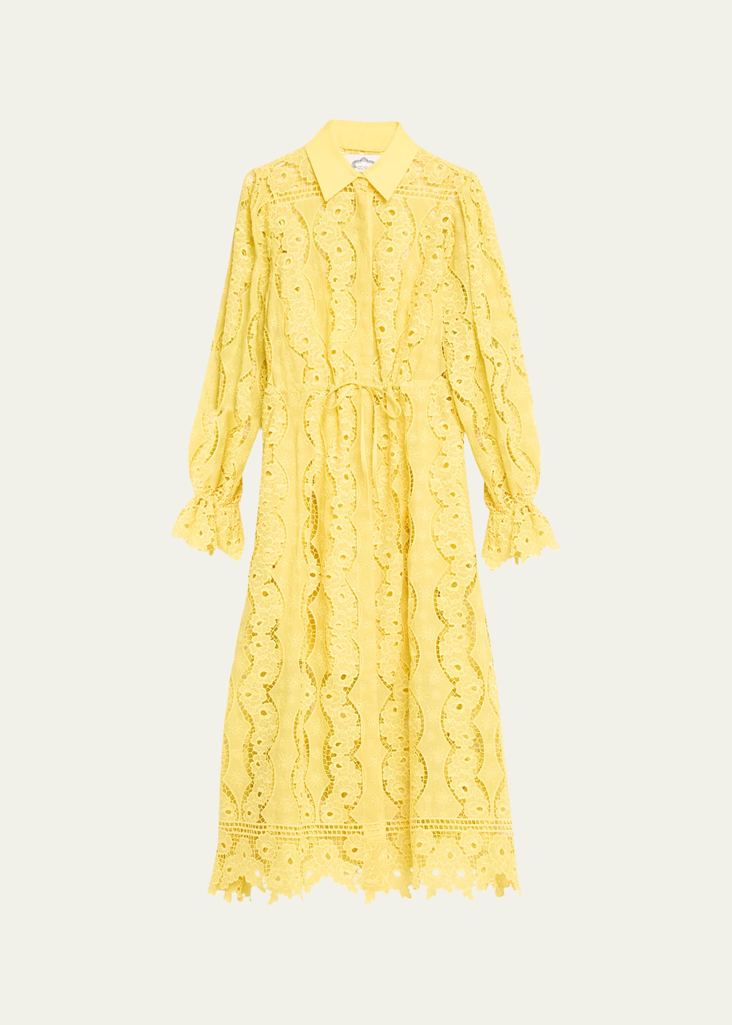 Judy Blouson-Sleeve Floral Lace Midi Shirtdress