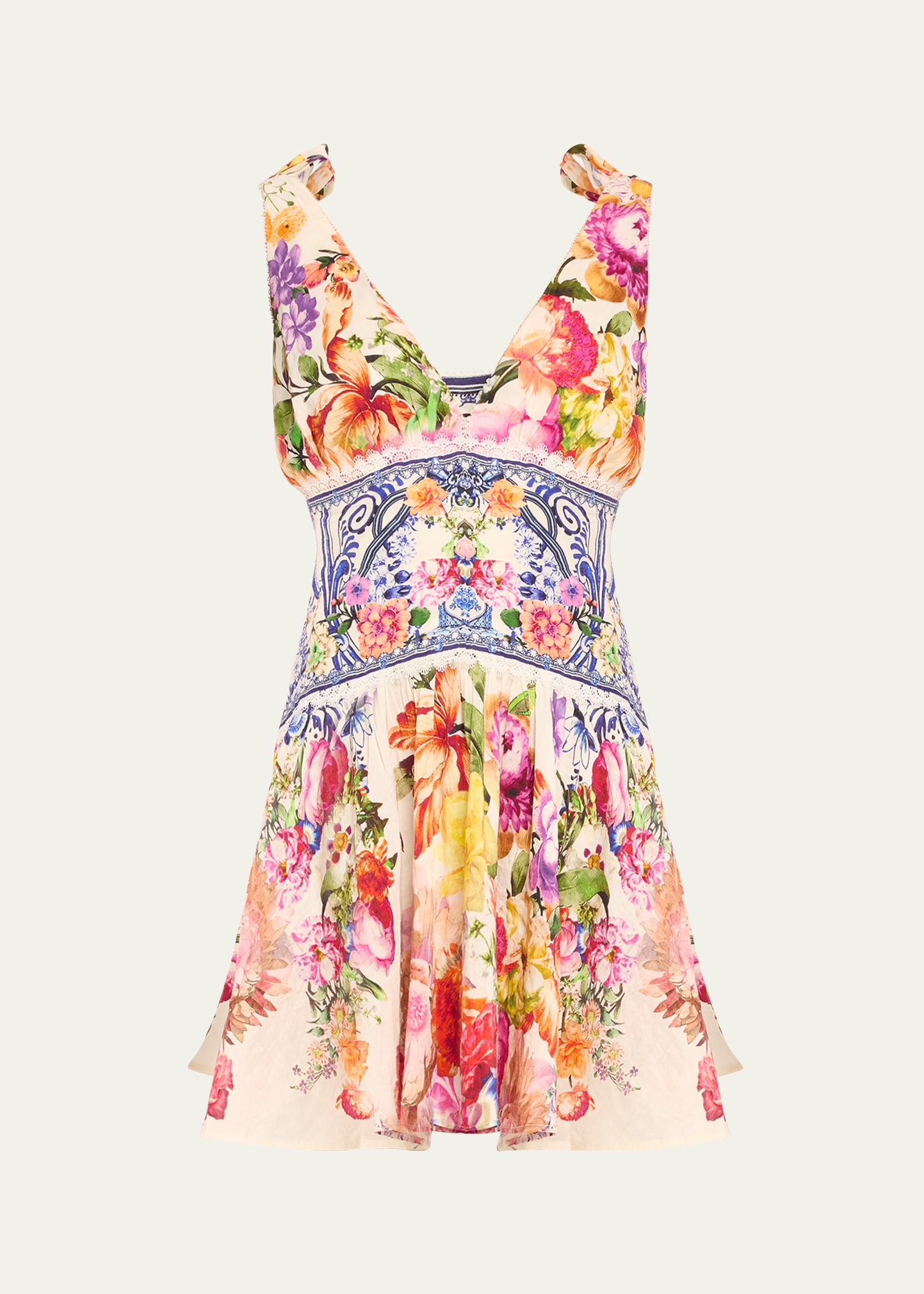 Shop Camilla Tie-shoulder Floral Linen Silk Mini Dress In Dutch Is Life