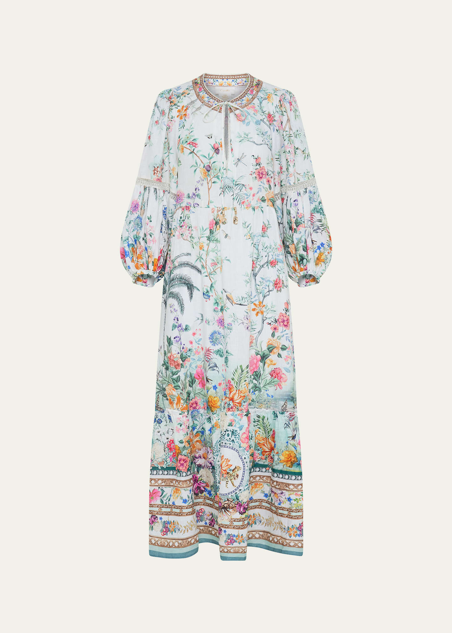 Shop Camilla Tie-neck Floral Linen Blouson-sleeve Midi Dress In Plumes And Parter