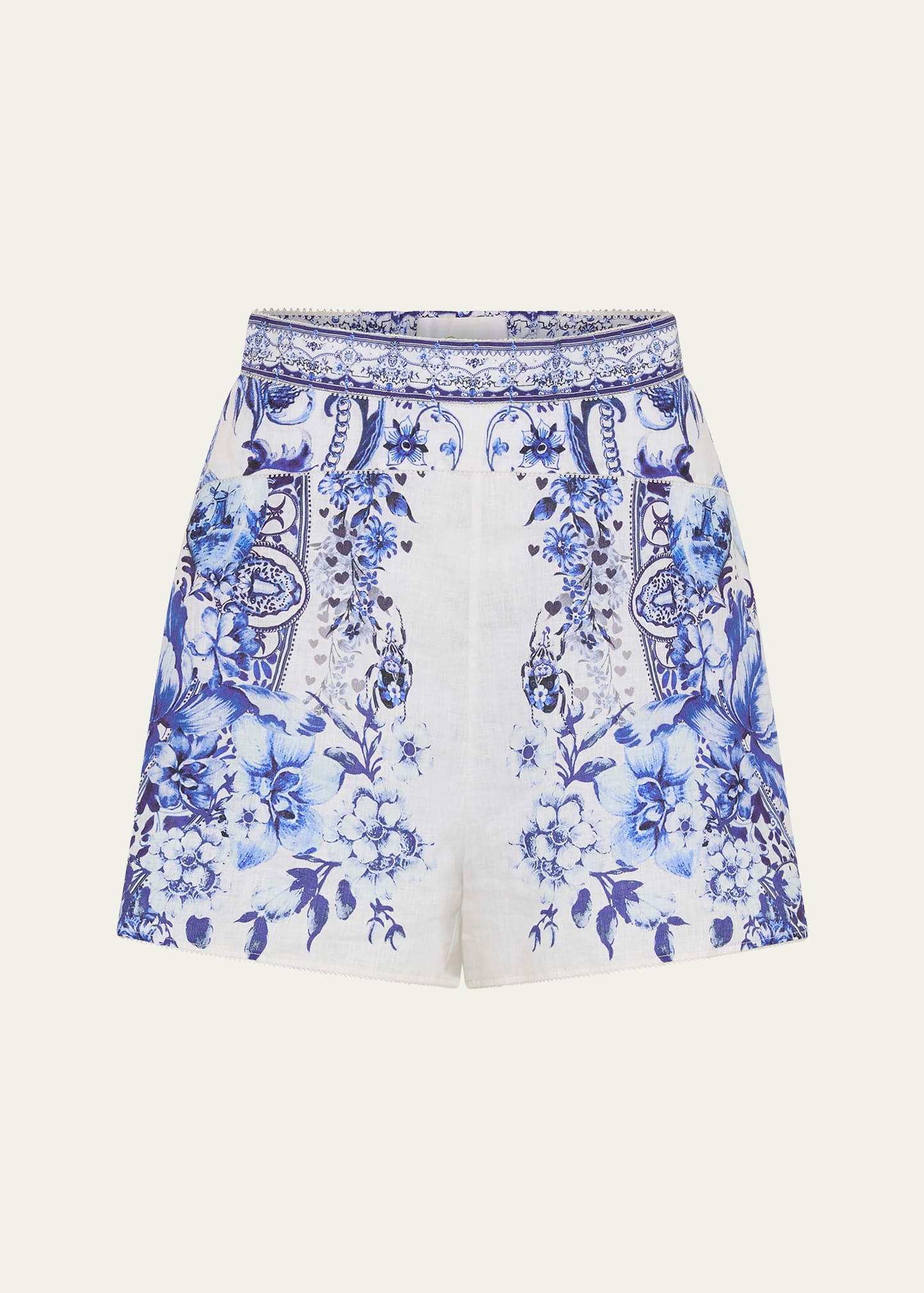 Shop Camilla Wide Waistband Floral Linen Silk Shorts In Glaze And Graze