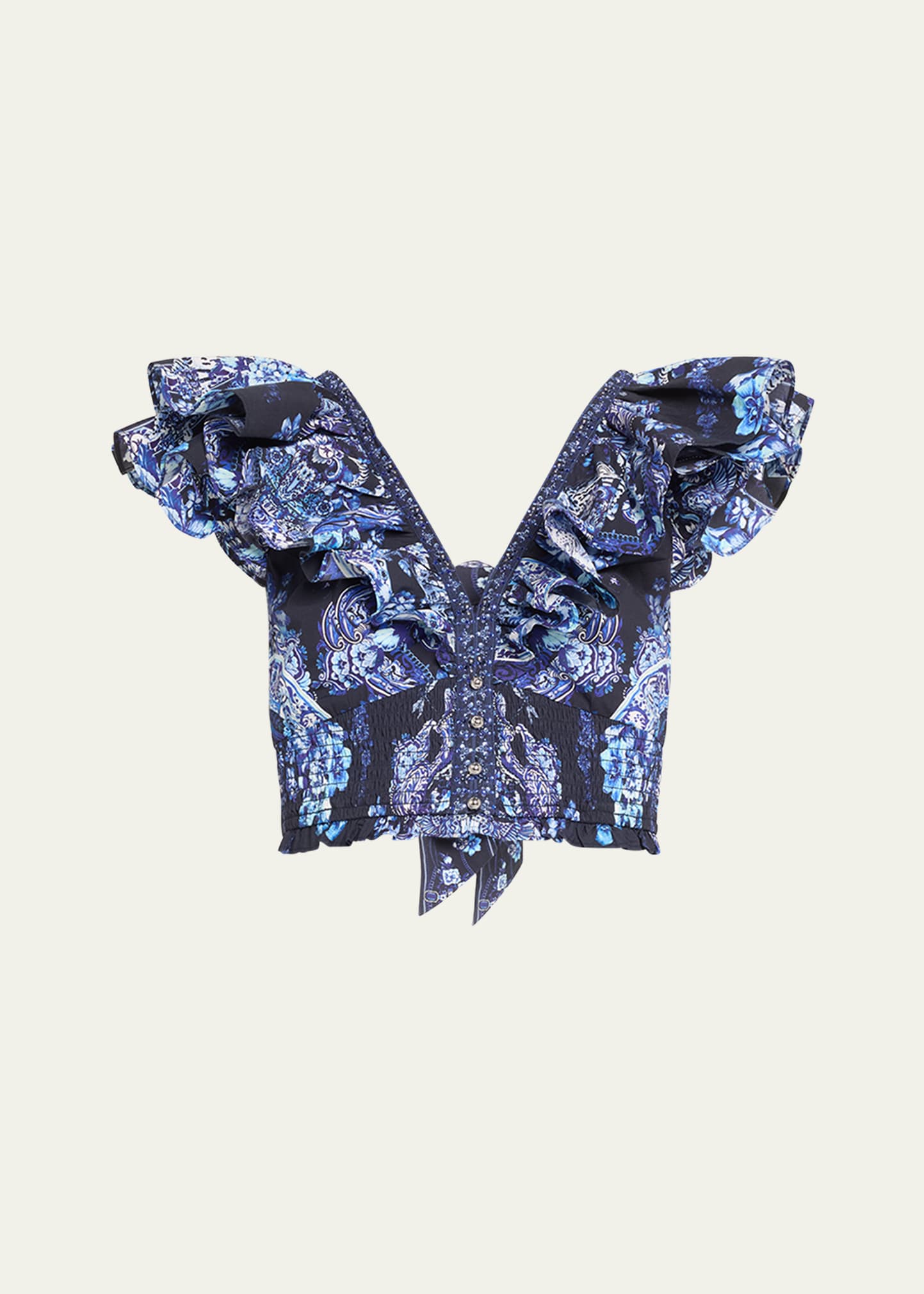 Shop Camilla Deep V Frill-sleeve Tie-back Cotton Poplin Top In Delft Dynasty