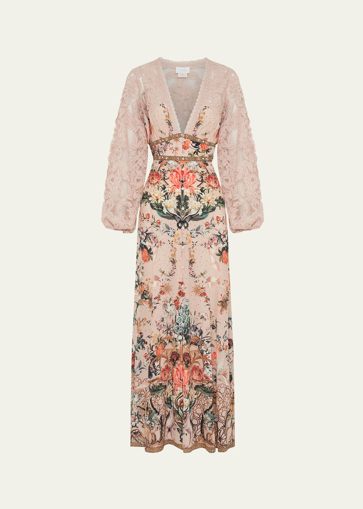 Lace-Sleeve Silk Button-Front V-Neck Maxi Dress