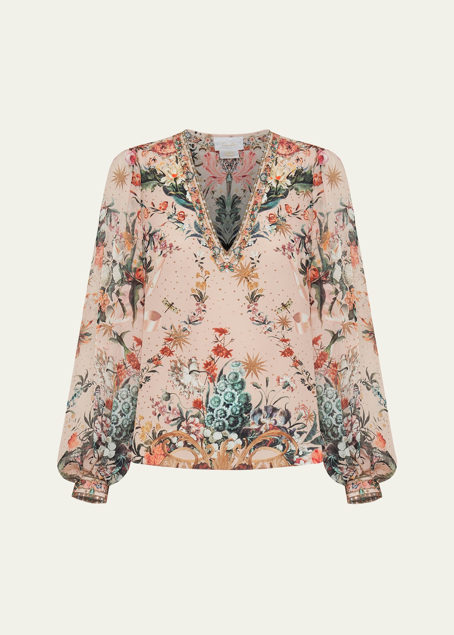 Shop Camilla Silk V-neck Blouson-sleeve Blouse In Rose Garden Revol