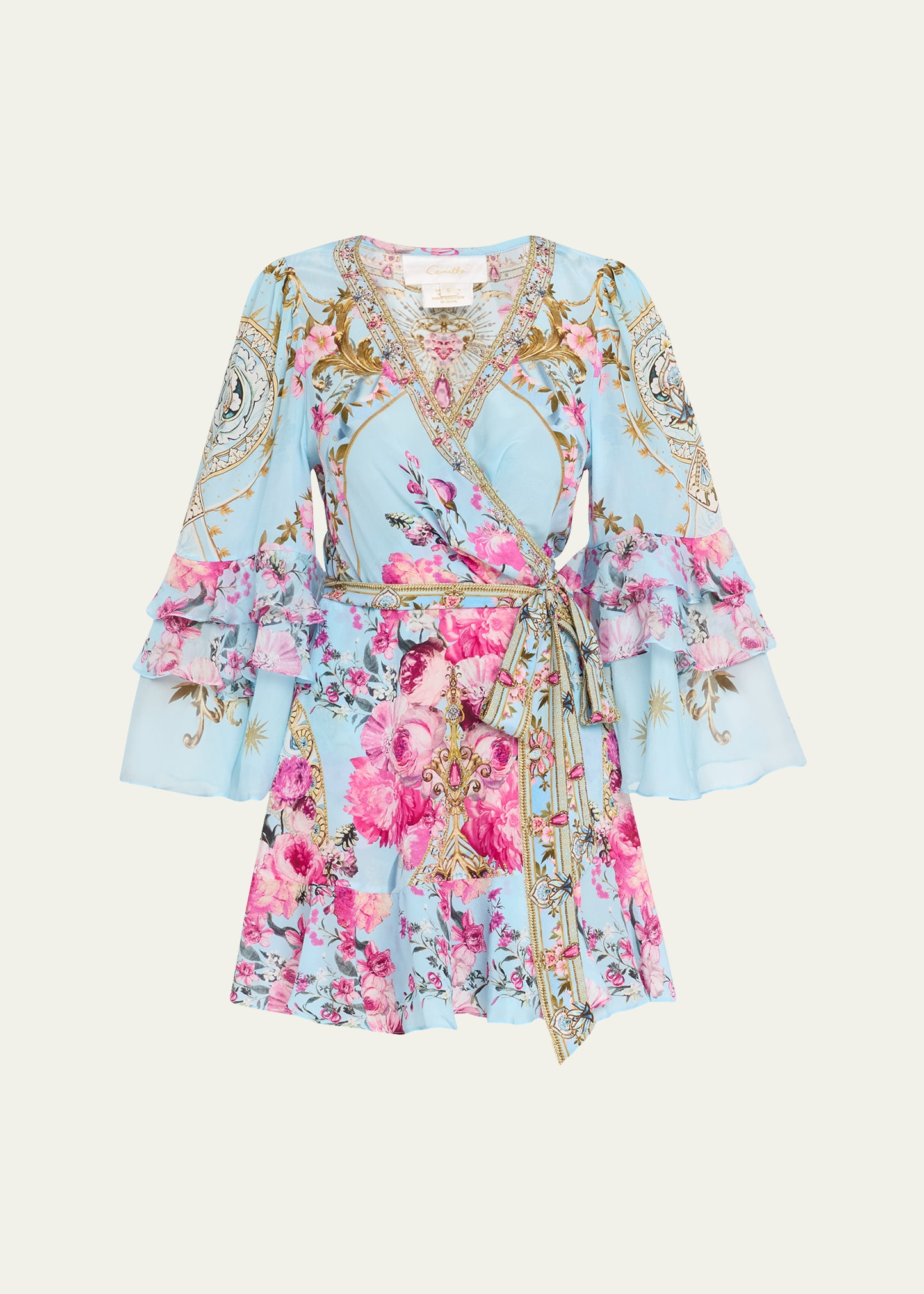 Shop Camilla Ruffle-sleeve Floral Silk Mini Wrap Dress In Down The Garden P