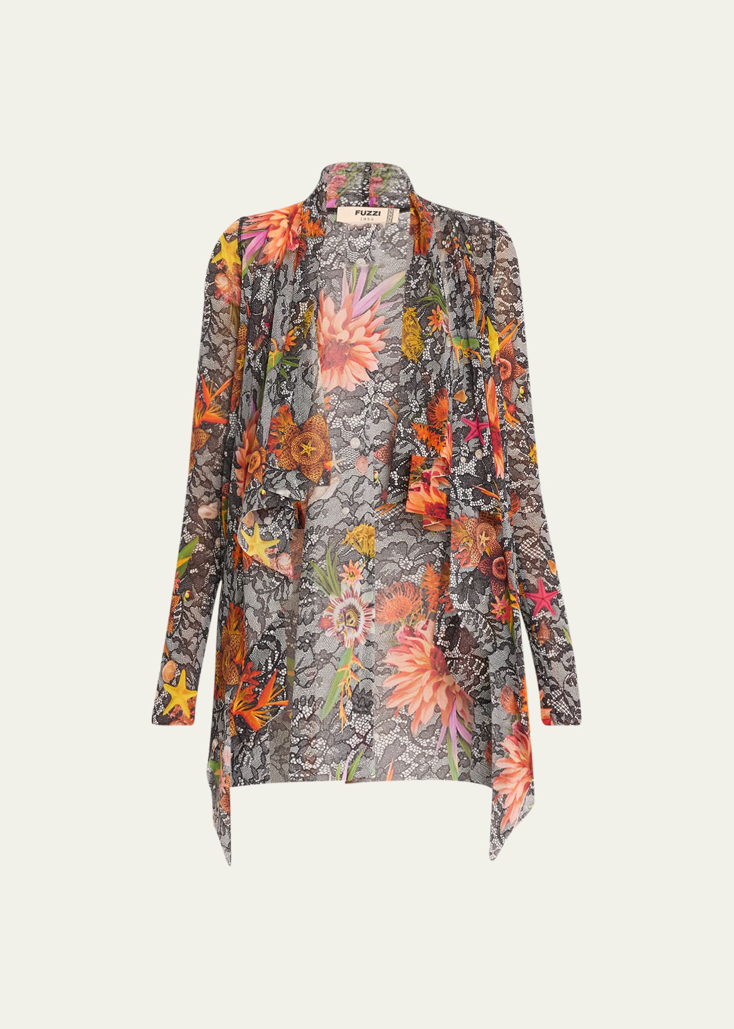 Fuzzi Open-front Floral Lace-print Tulle Cardigan In Black