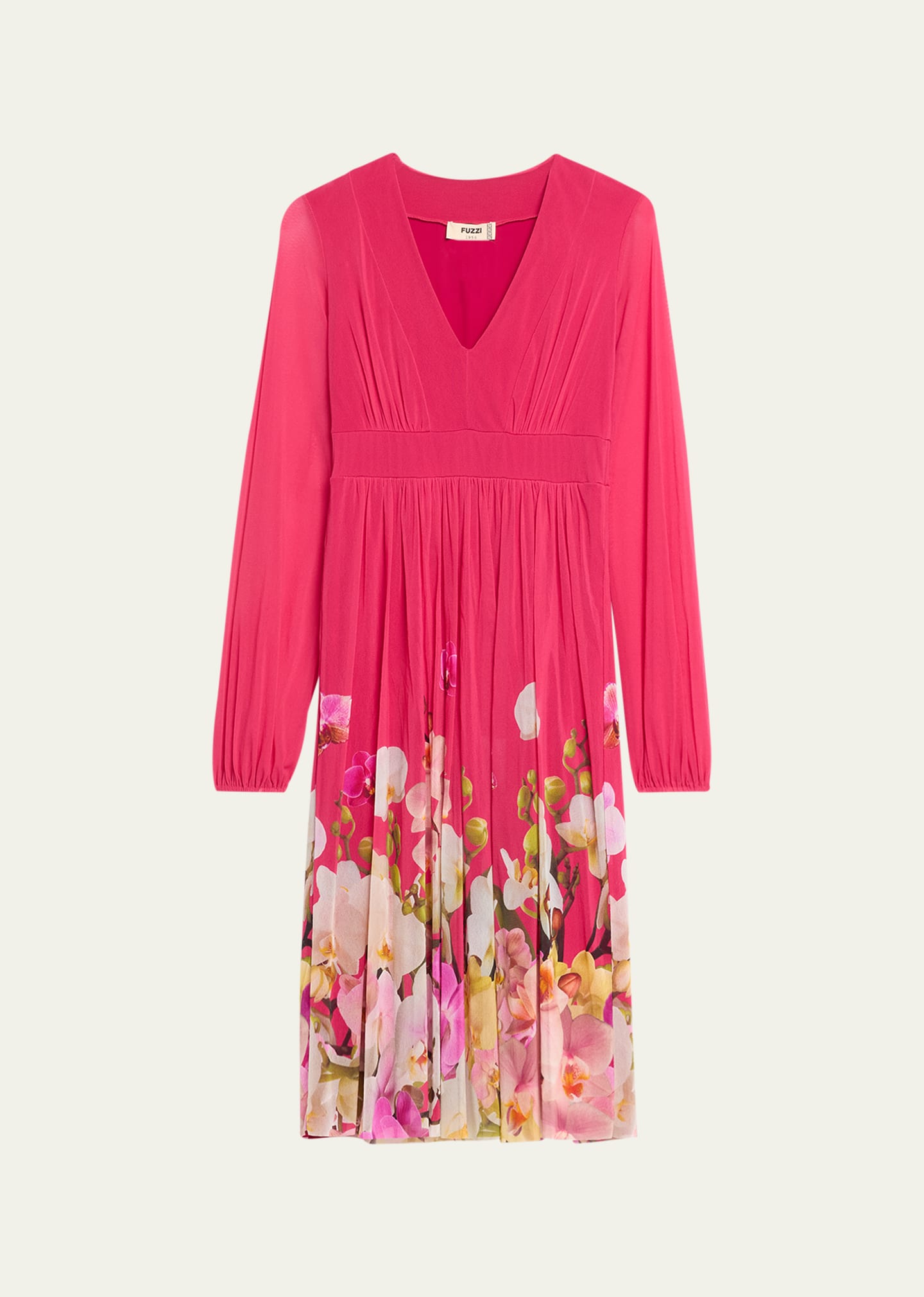 Fuzzi Blouson-sleeve Floral-print Tulle Midi Dress In Bouganvill