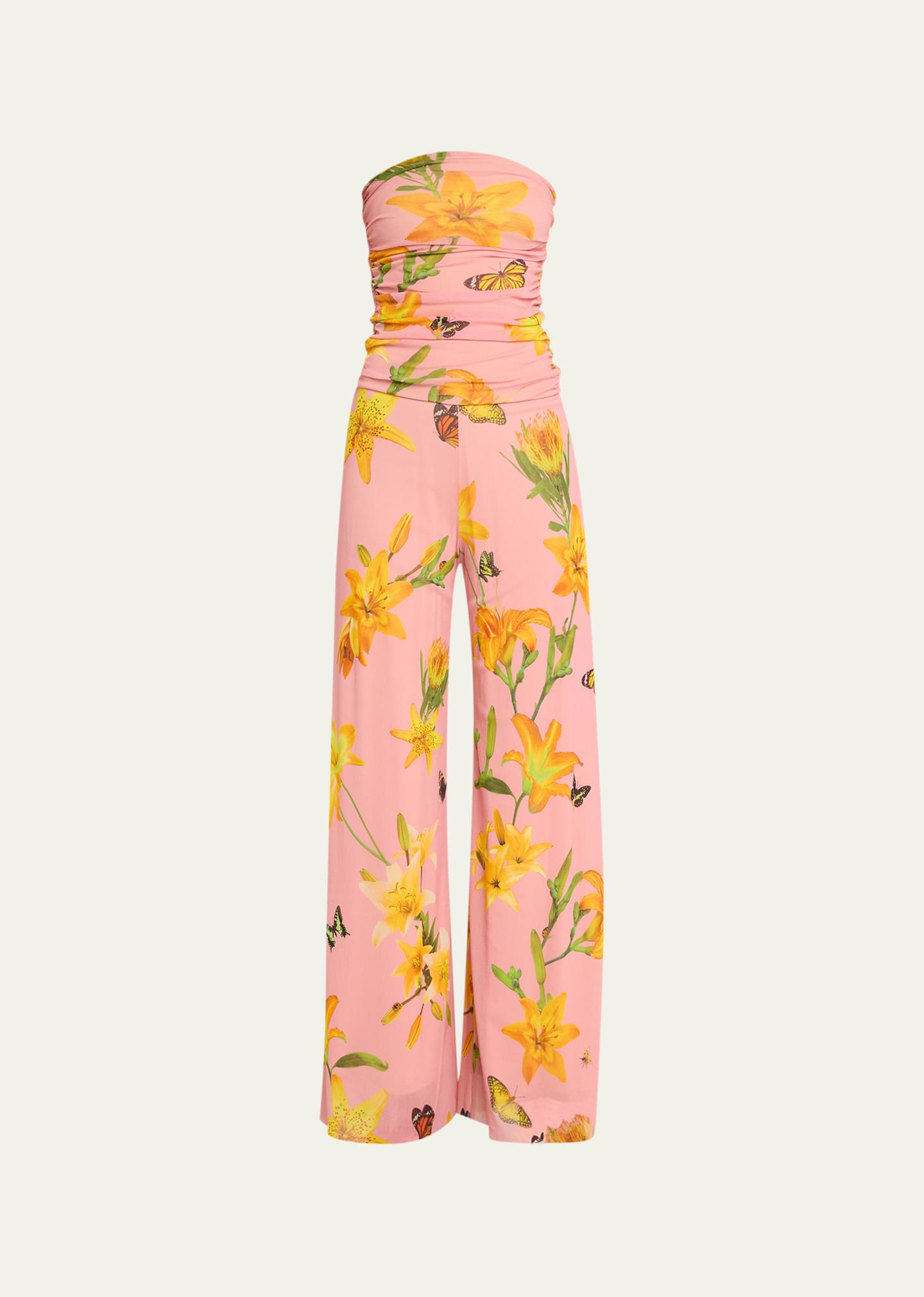 Fuzzi Strapless Floral-print Tulle Jumpsuit In Powder Pink