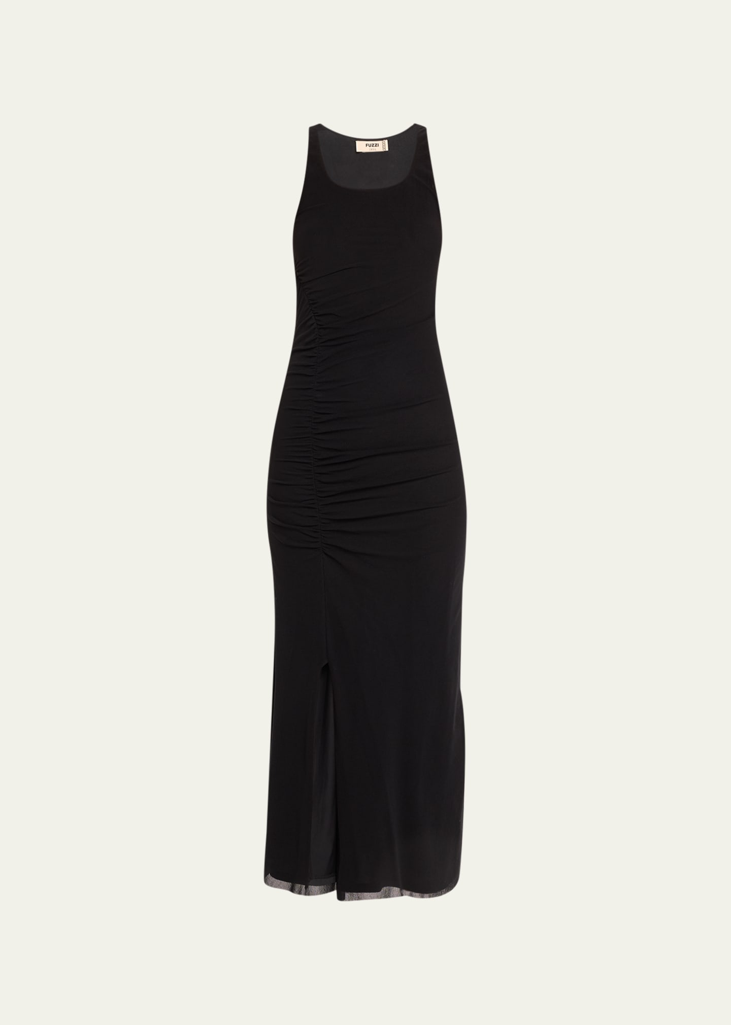 Fuzzi Ruched Scoop-neck Tulle Midi Dress In Black