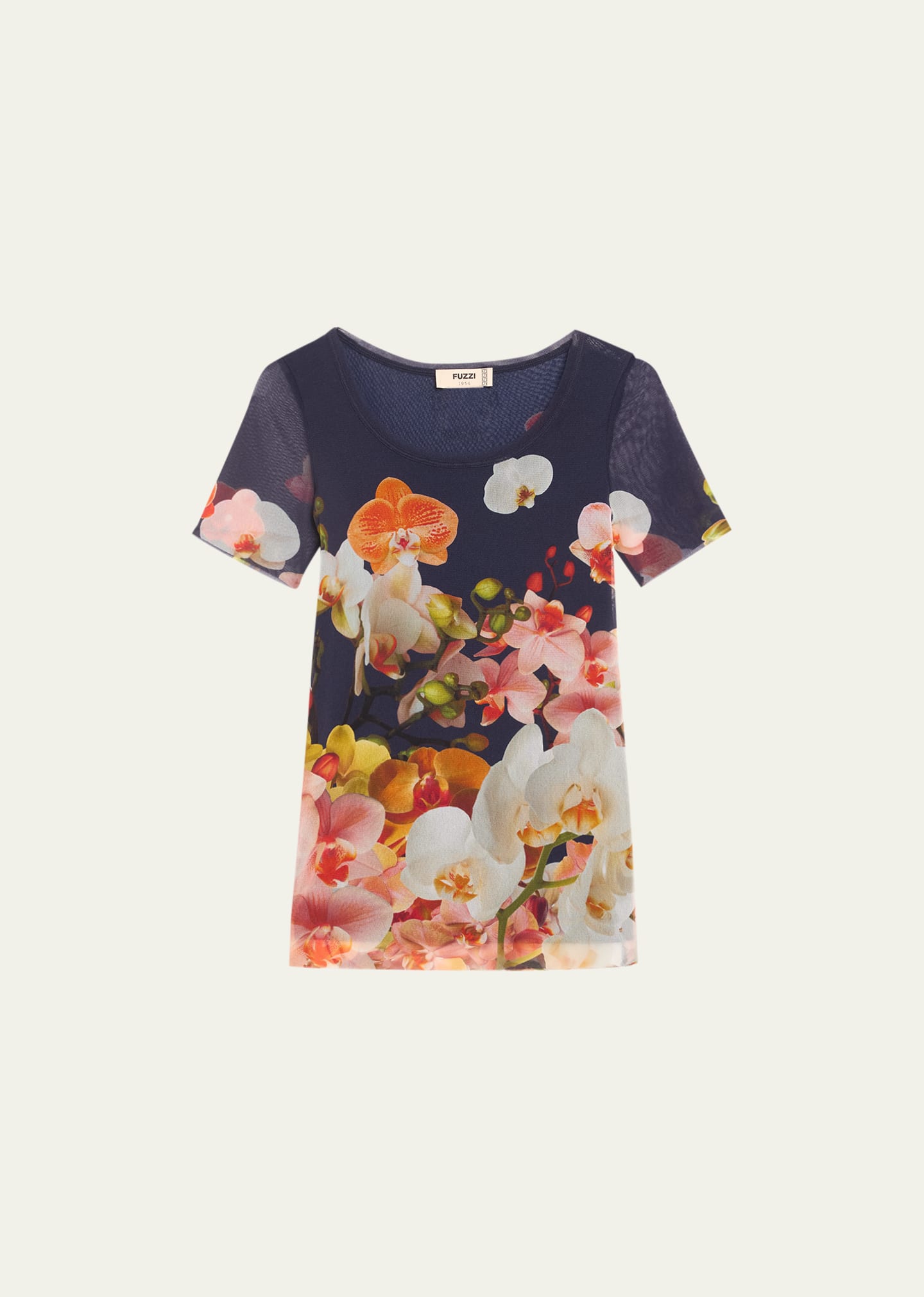 Shop Fuzzi Scoop-neck Floral-print Tulle T-shirt In Royal Blue