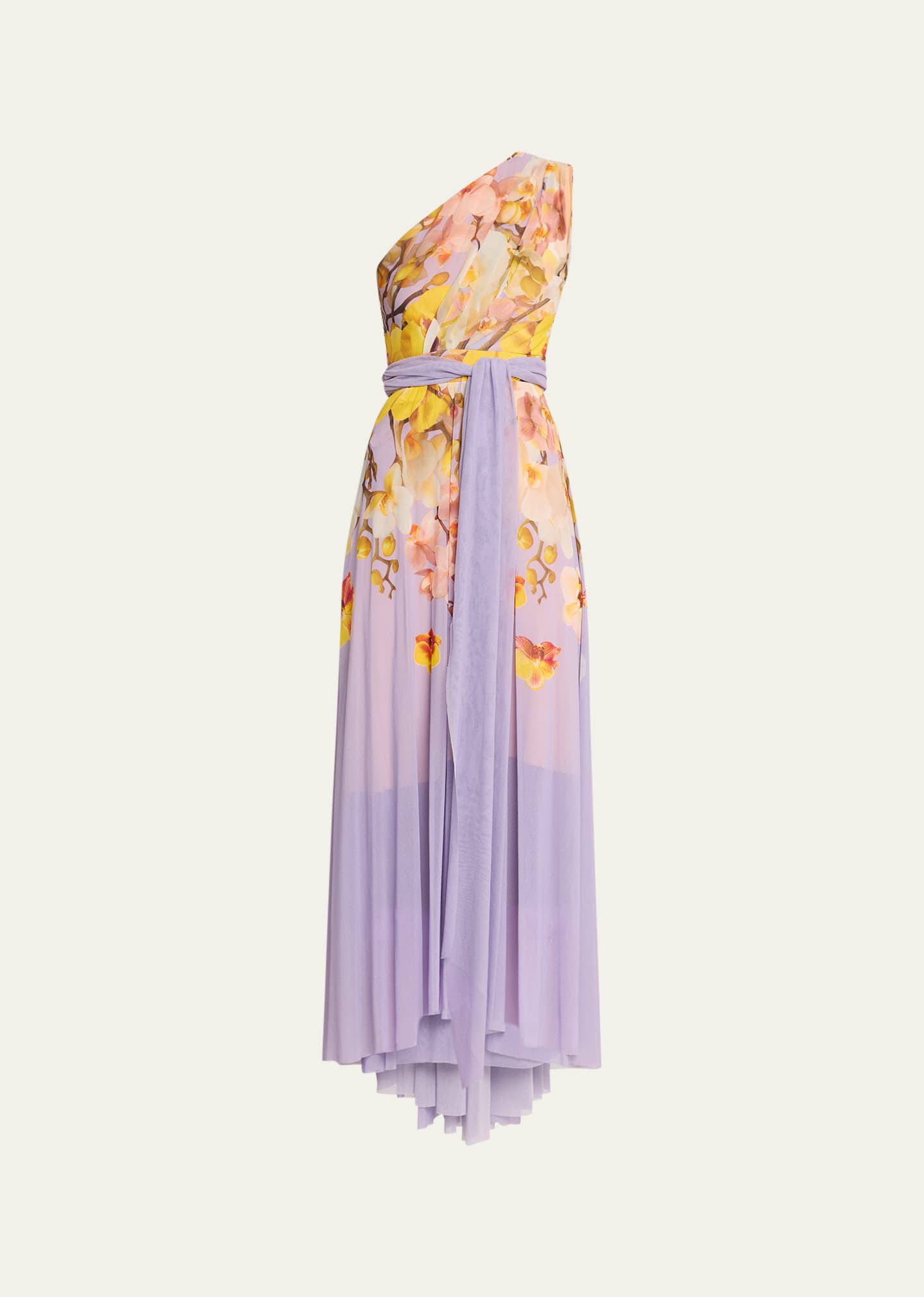 One-Shoulder Floral-Print Tulle Maxi Dress