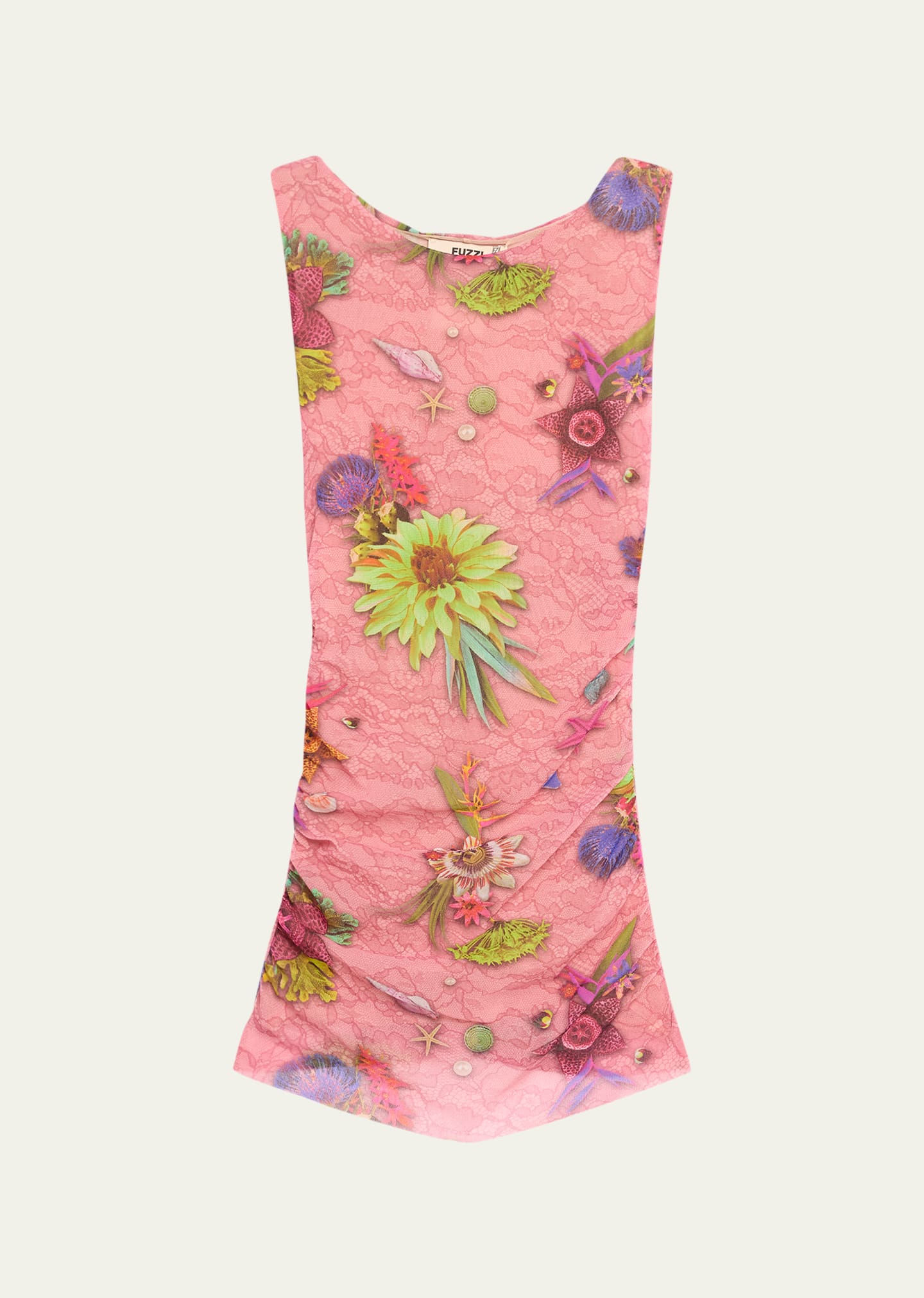 Fuzzi Ruched Floral Lace-print Tulle Tank Top In Powder Pink