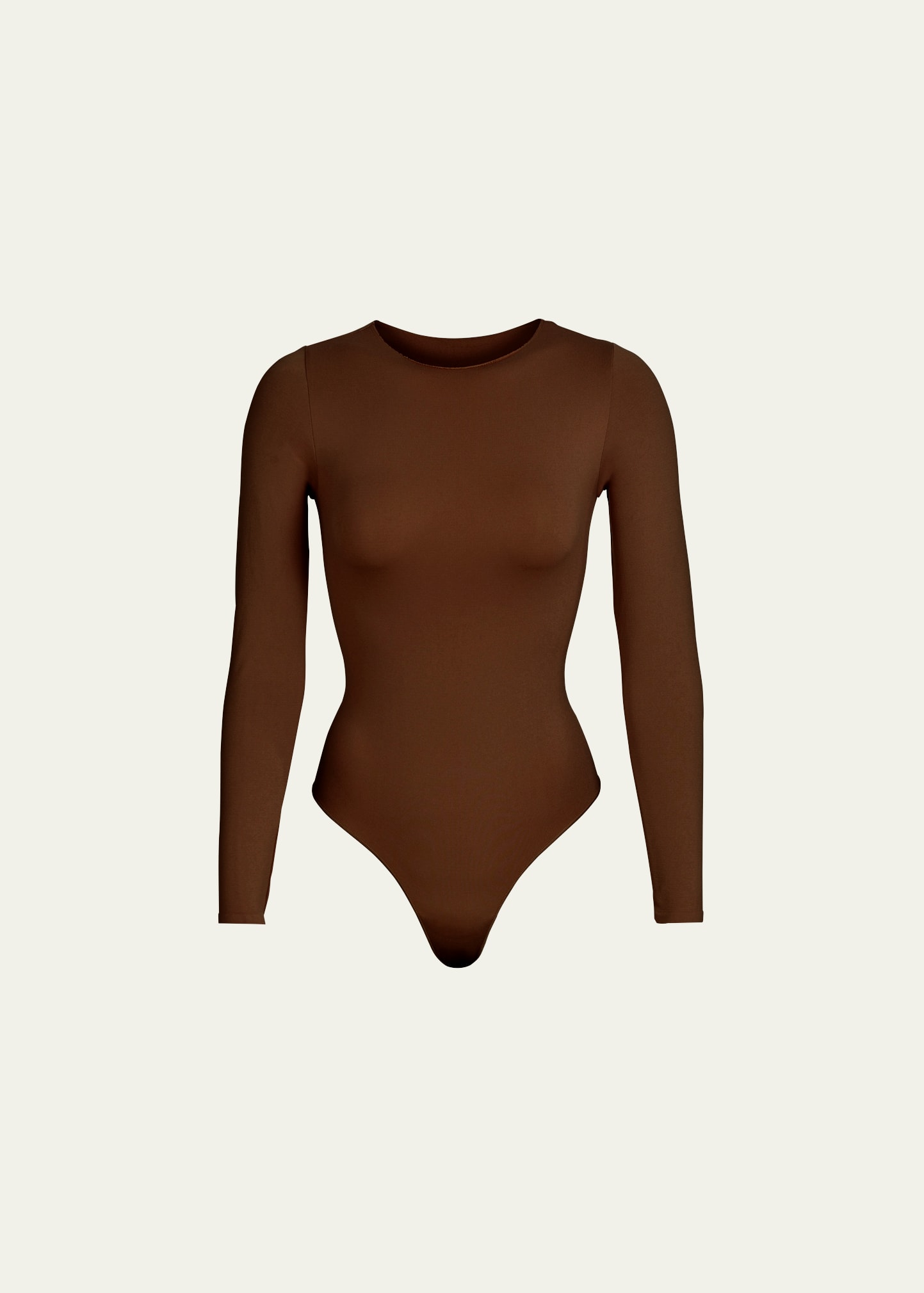 Skims Smoothing Long-sleeve Crewneck Thong Bodysuit In Cocoa