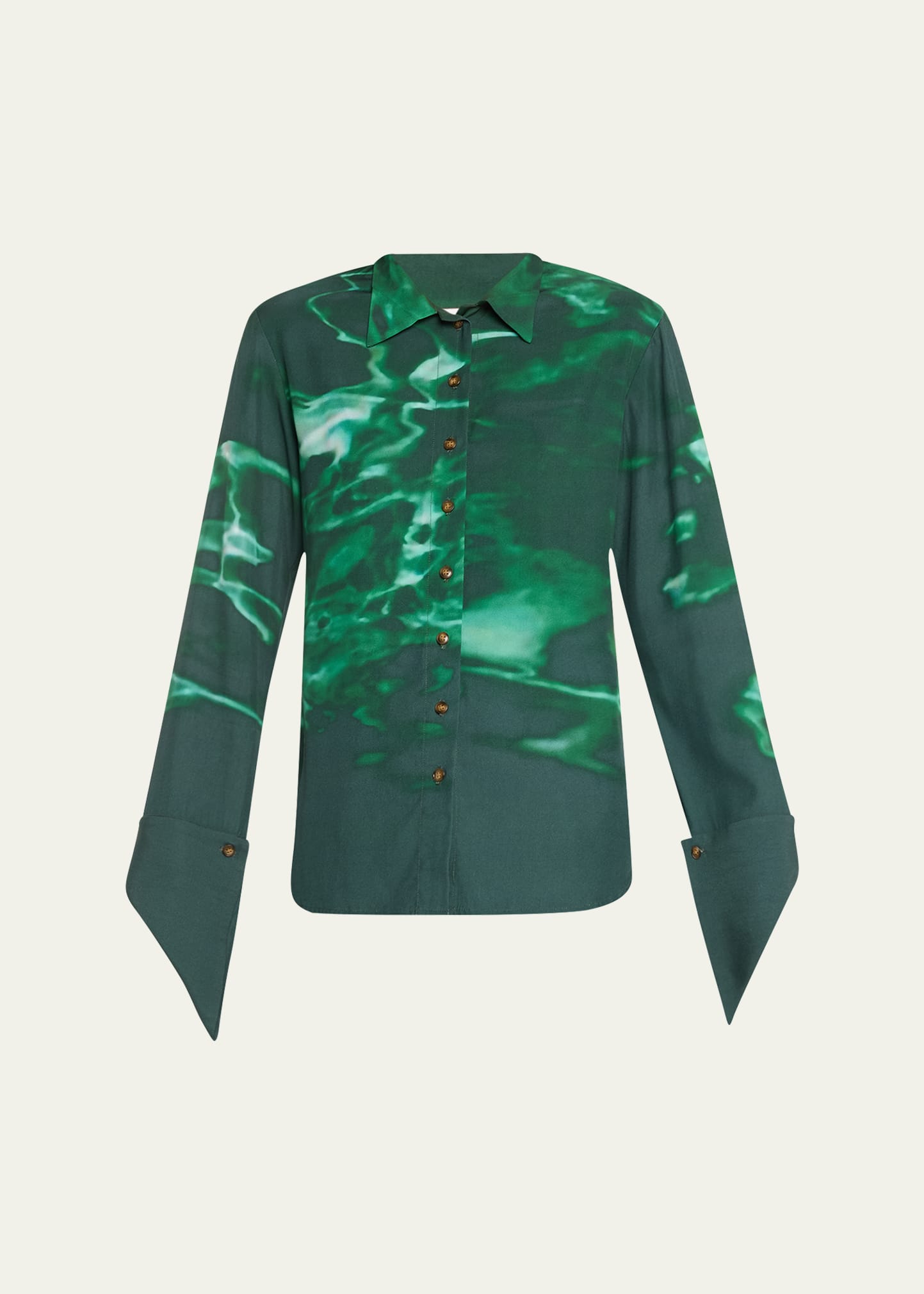 Rosie Assoulin Pool Print Button-front Top With French Cuffs In Dark Green