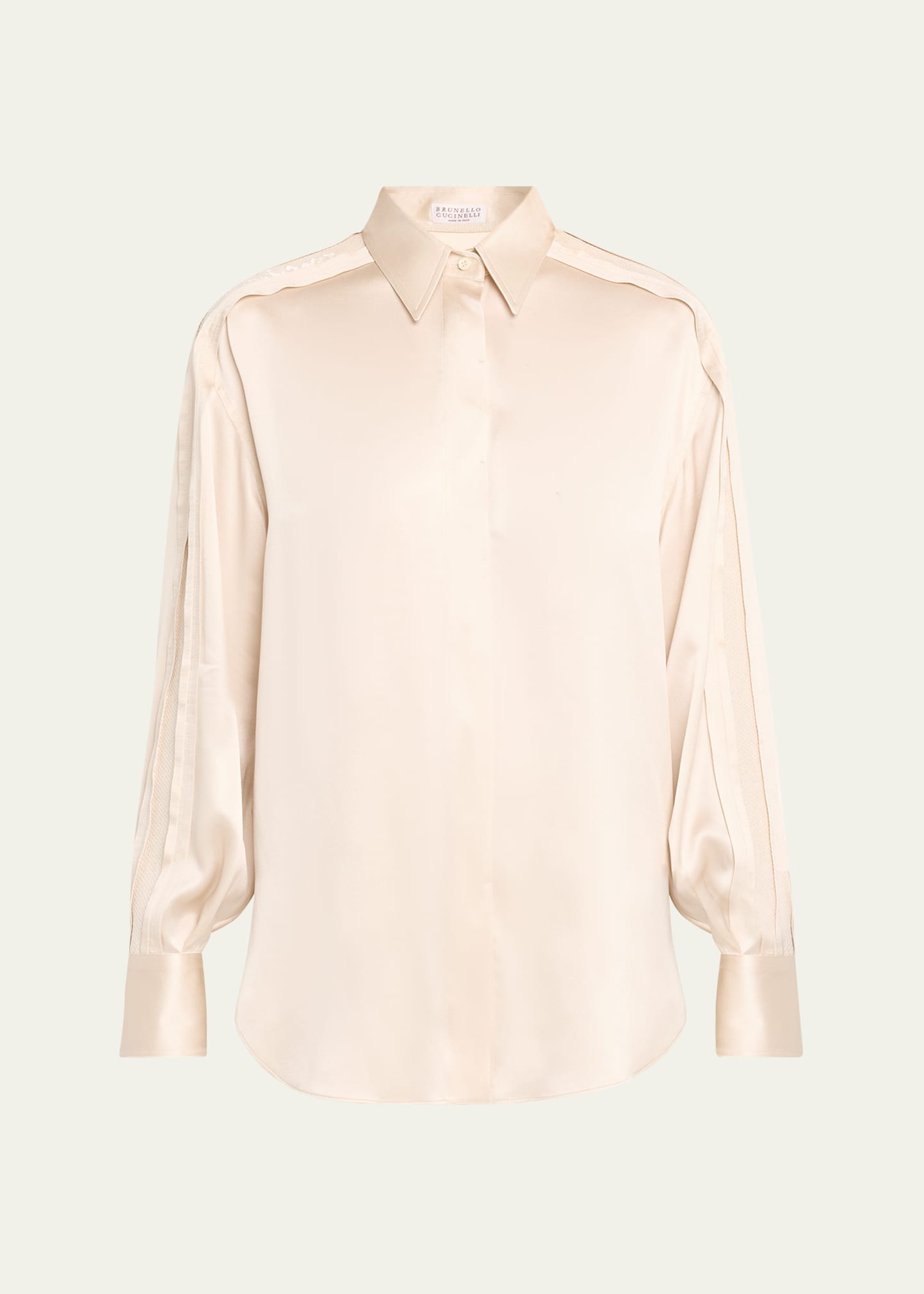 Satin Tunic Button-Front Shirt with Sequin Detail