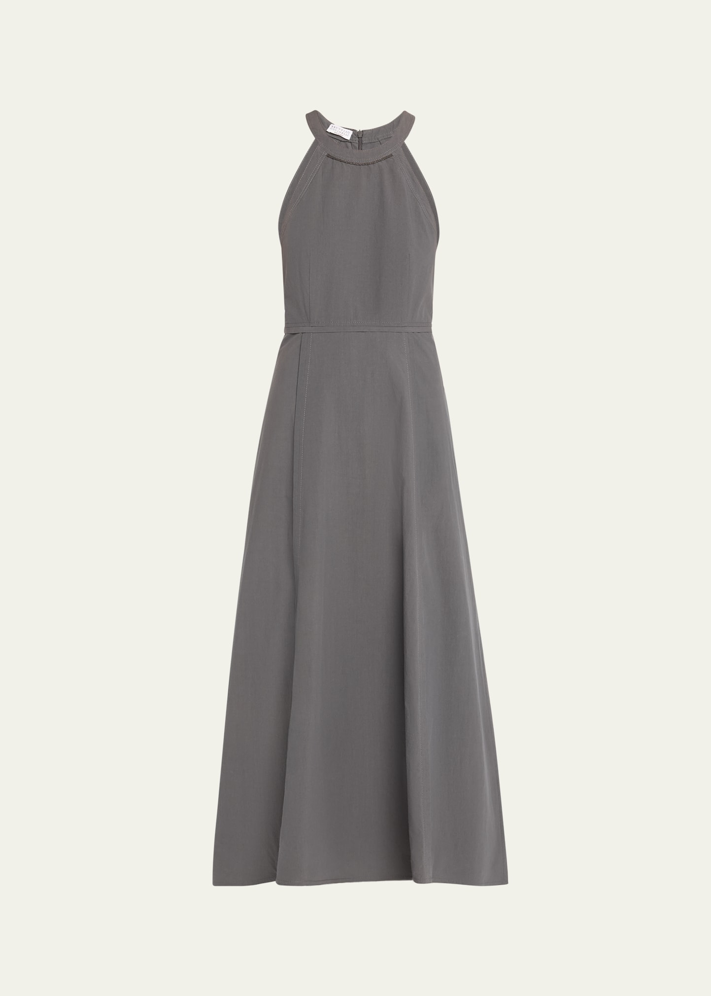 Shop Brunello Cucinelli Crinkle Cotton Maxi Dress With Monili Collar In C651 Lignite