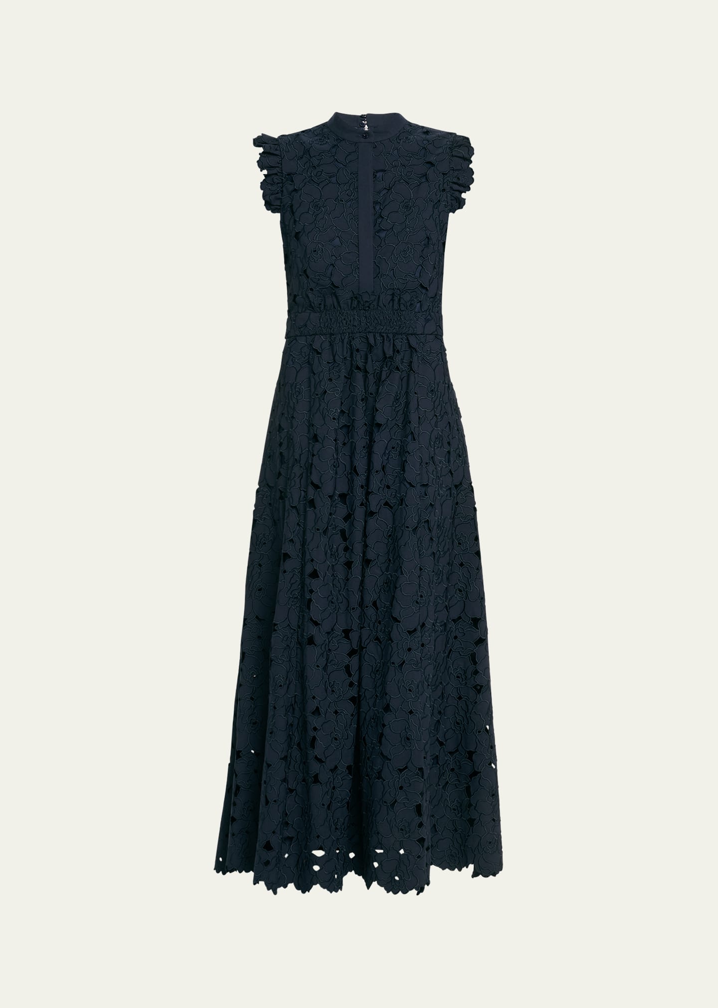 Erdem Scallop Gathered Guipure Lace Midi Dress In Navy