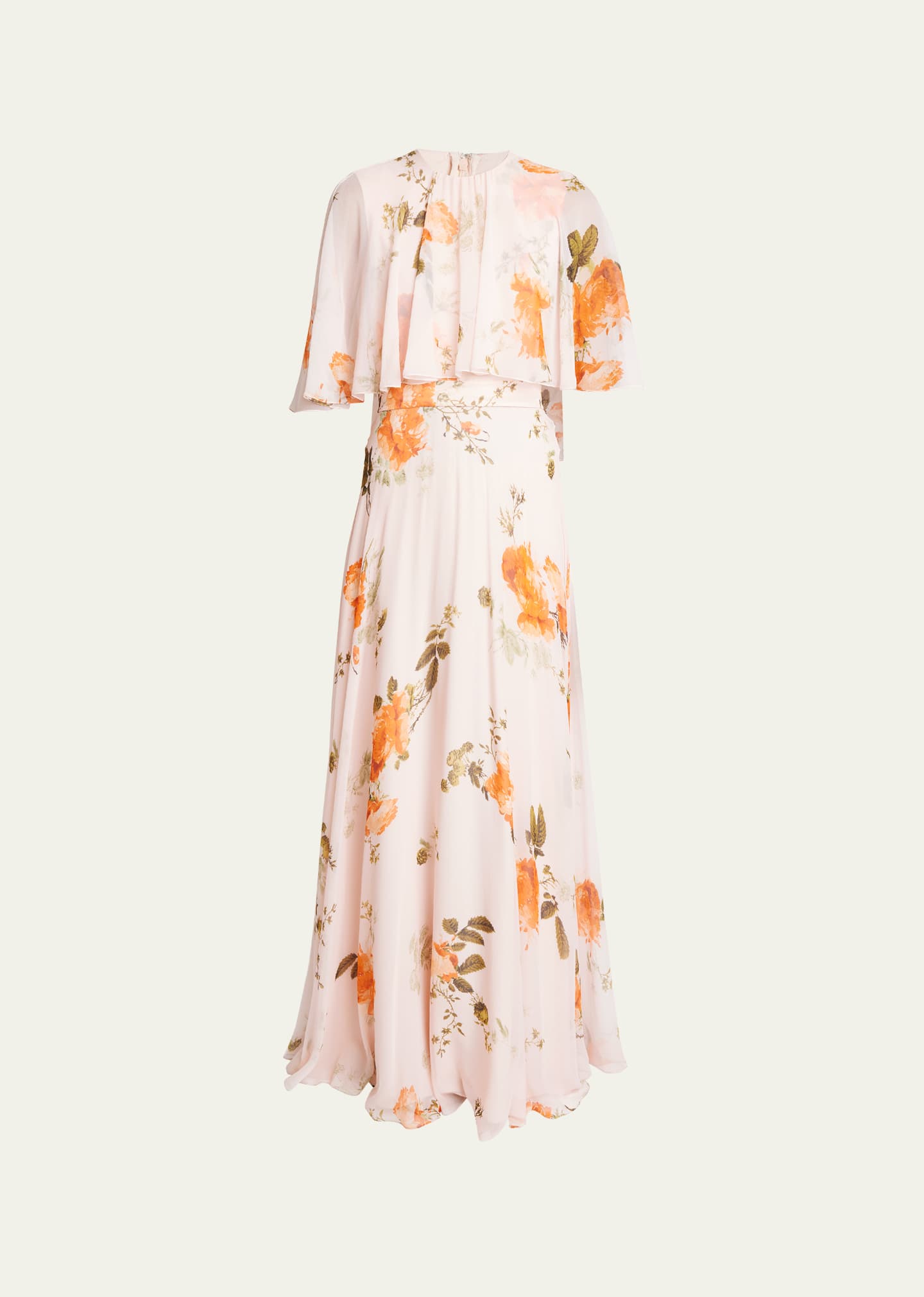 Shop Erdem Floral Floor-length Gown With Cape Overlay In Shell Pink