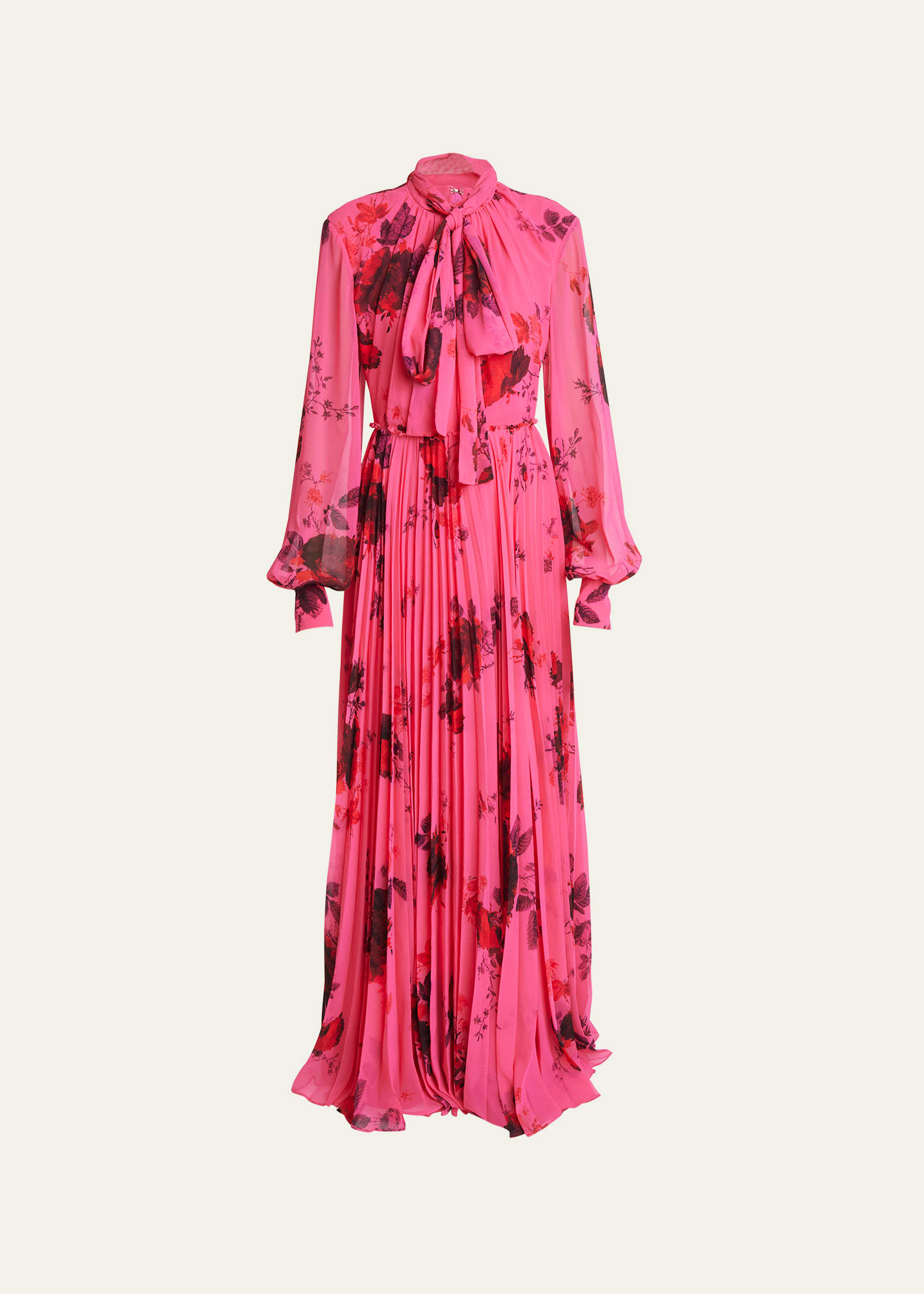 Shop Erdem Floral Scarf-neck Pleated Gown In Cerise