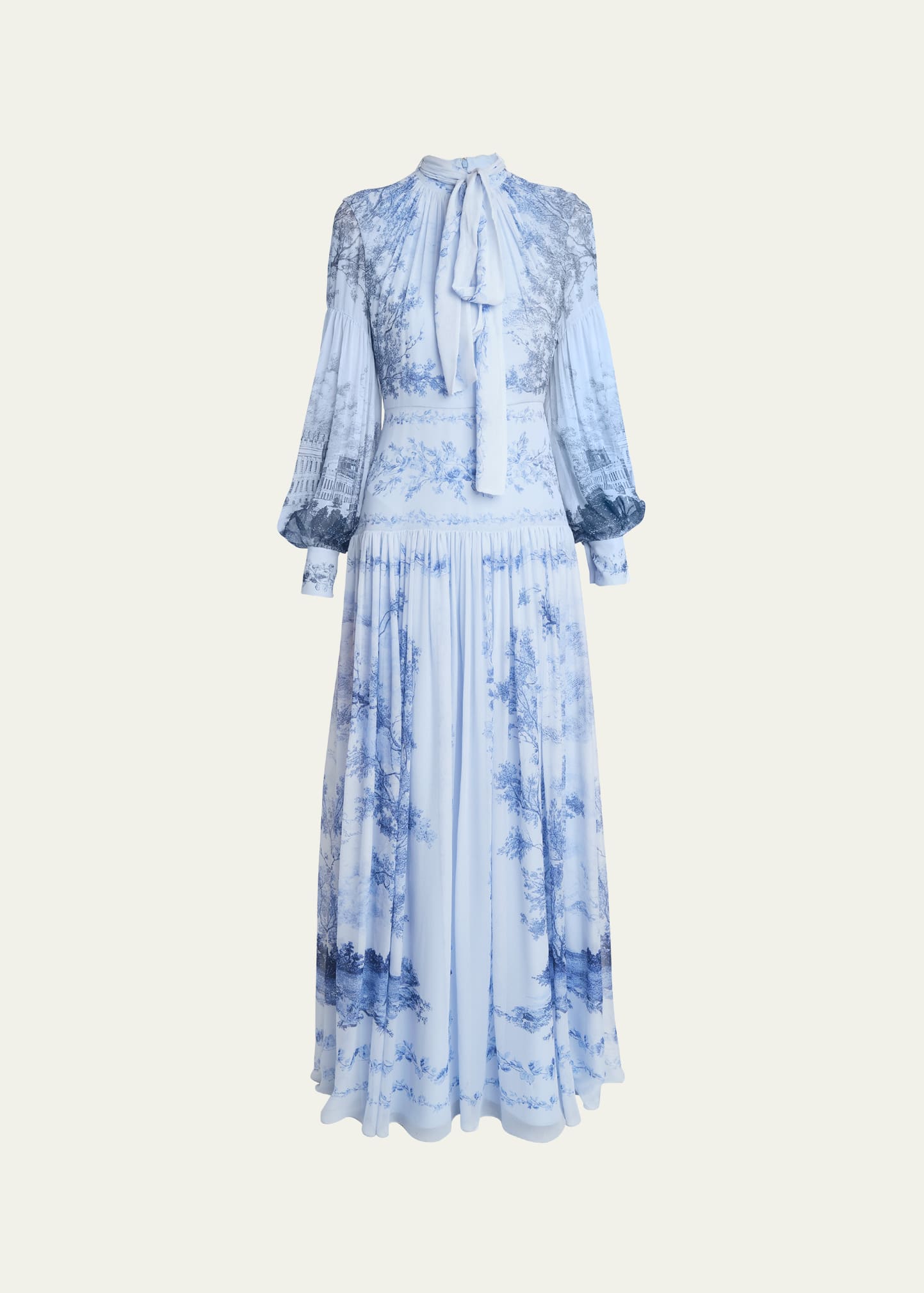 Erdem Printed Scarf-neck Silk Gown In Sky Blue