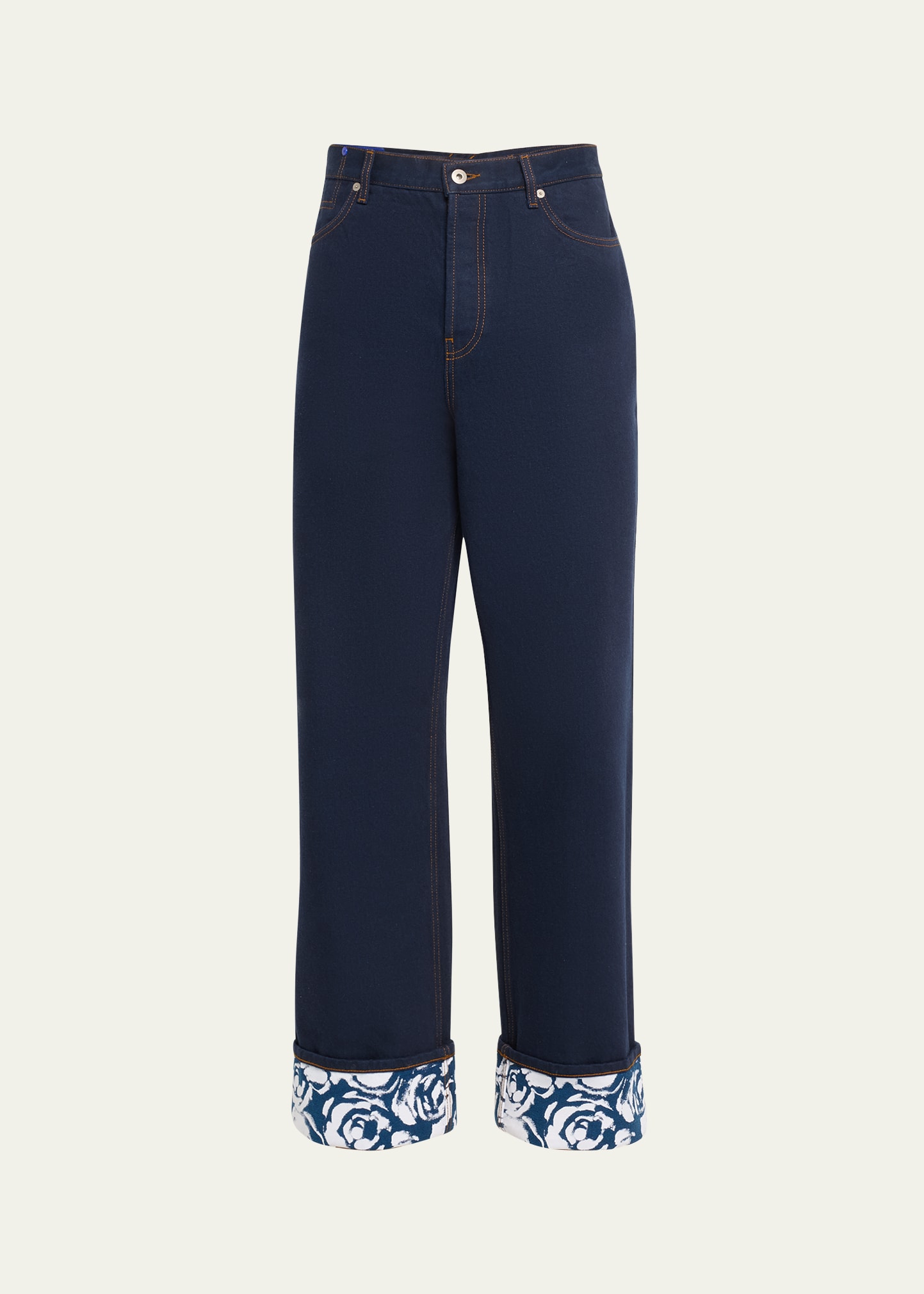 Shop Burberry Men's Raw Straight-leg Jeans With Rose Cuffs In Indigo Blue