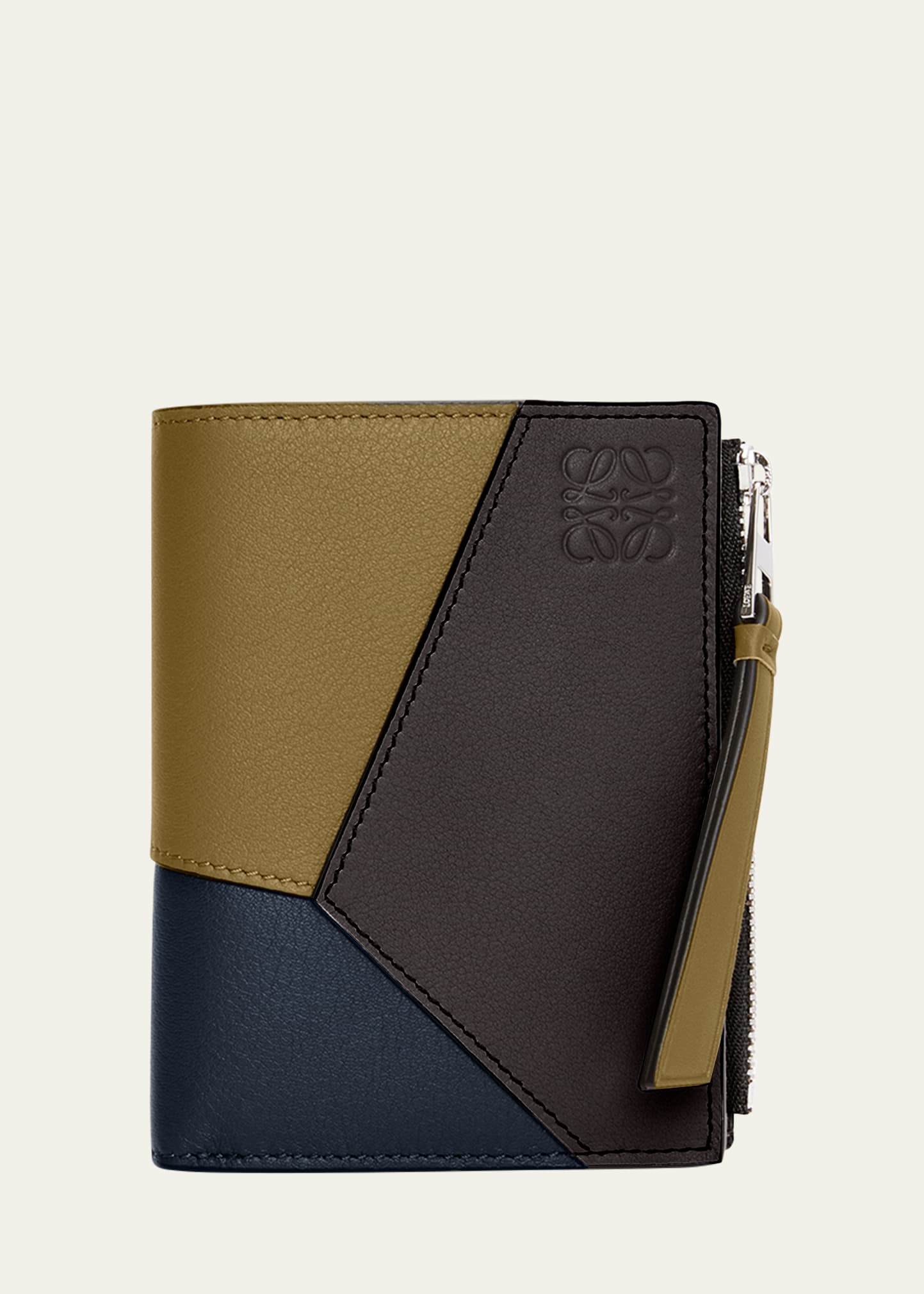 Shop Loewe Men's Puzzle Leather Compact Wallet In Olive/abyss Blue/