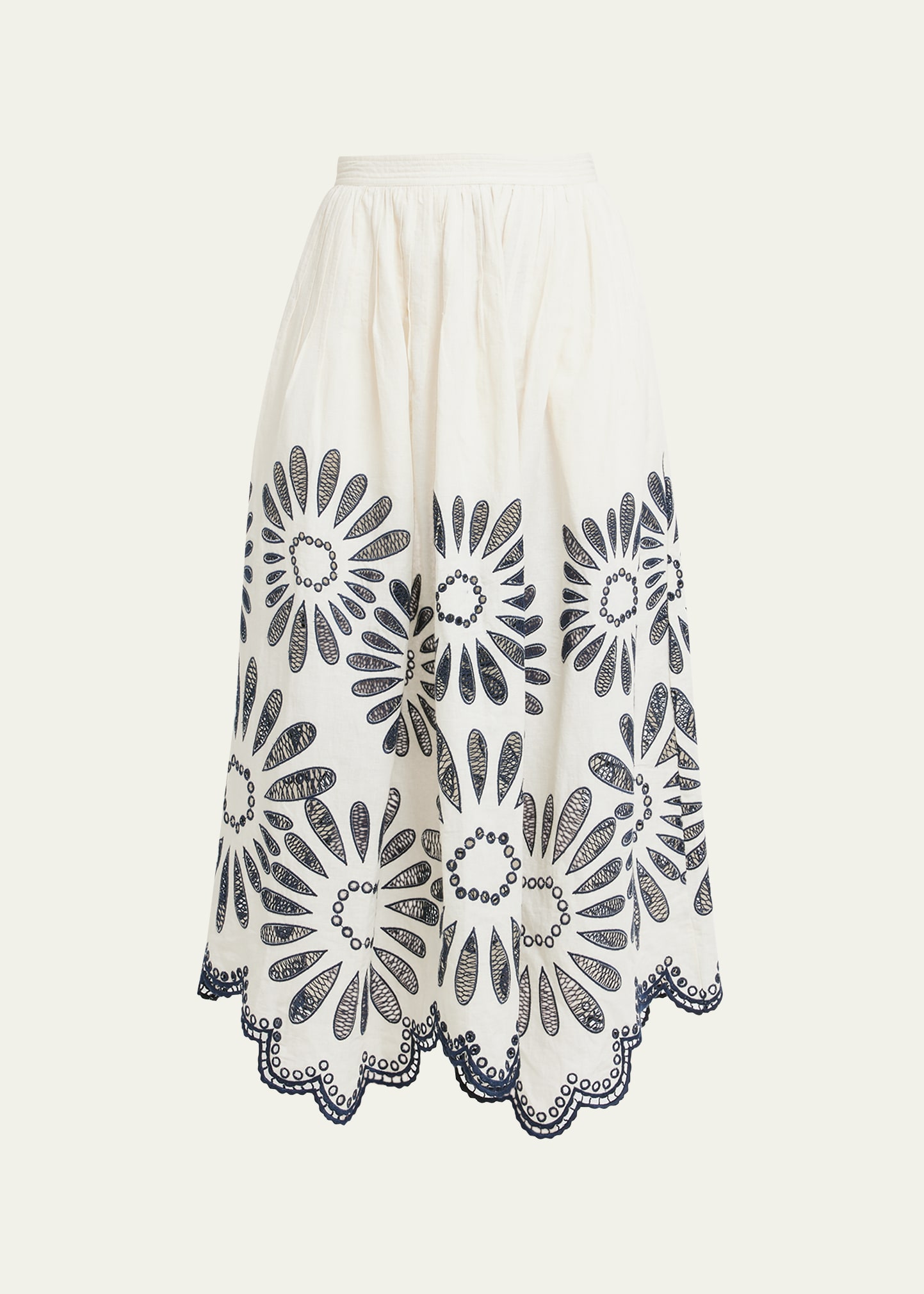 Shop Ulla Johnson Annisa Embroidered Linen Cotton Scalloped Midi Skirt In Porcelain