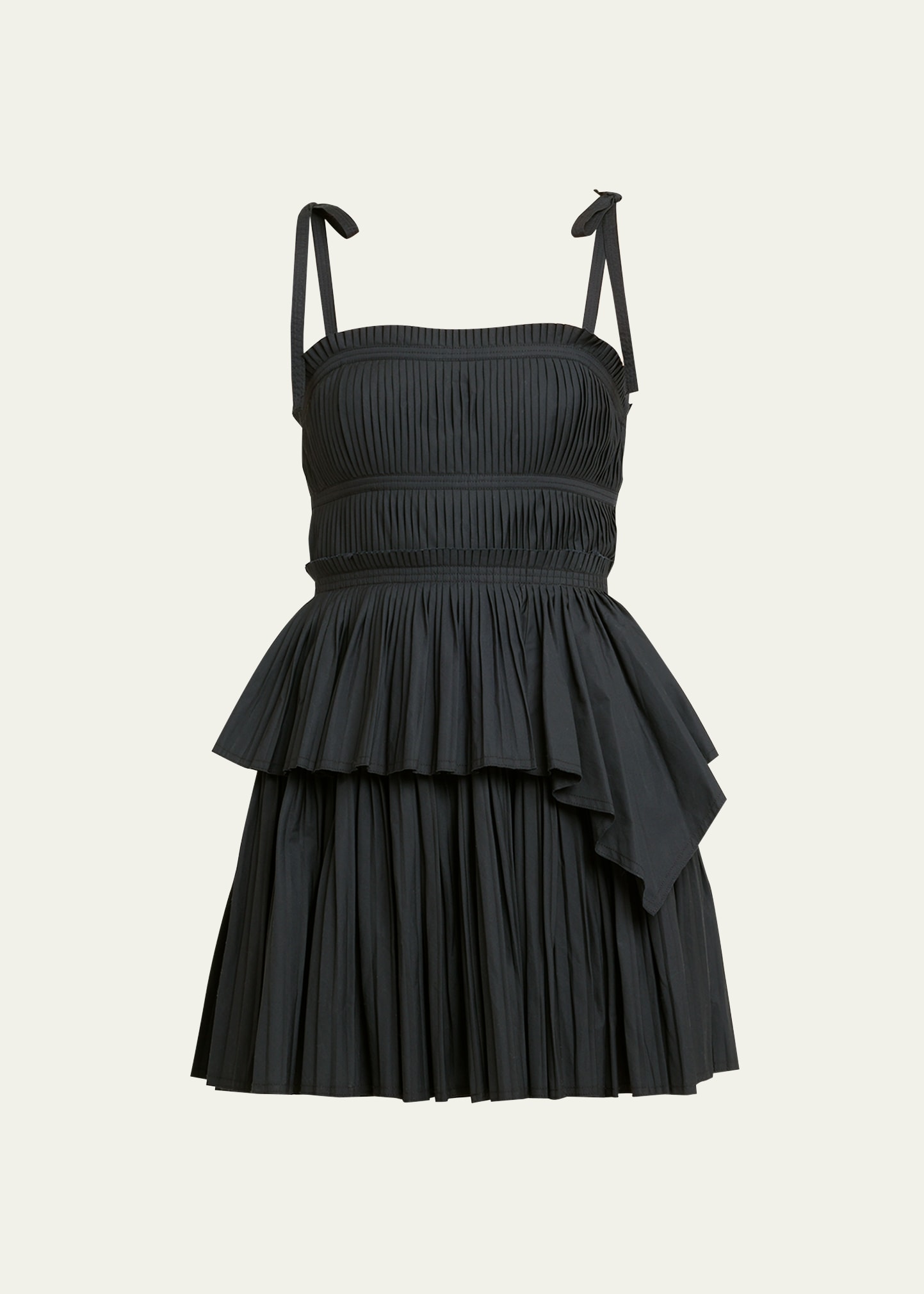 Shop Ulla Johnson Bailey Tie-shoulder Tiered Pleated Poplin Mini Dress In Noir