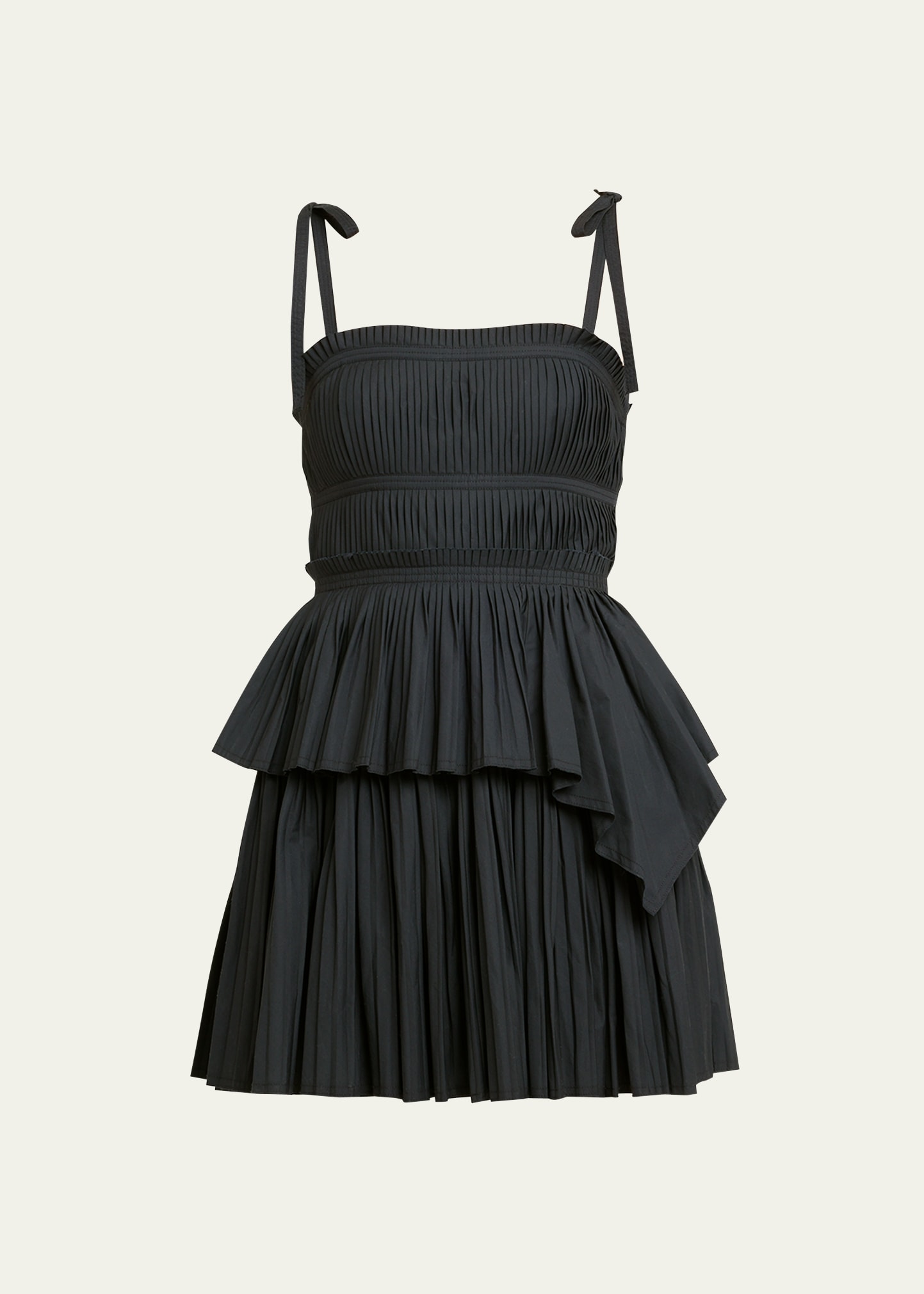 Ulla Johnson Bailey Tie-shoulder Tiered Pleated Mini Dress In Noir