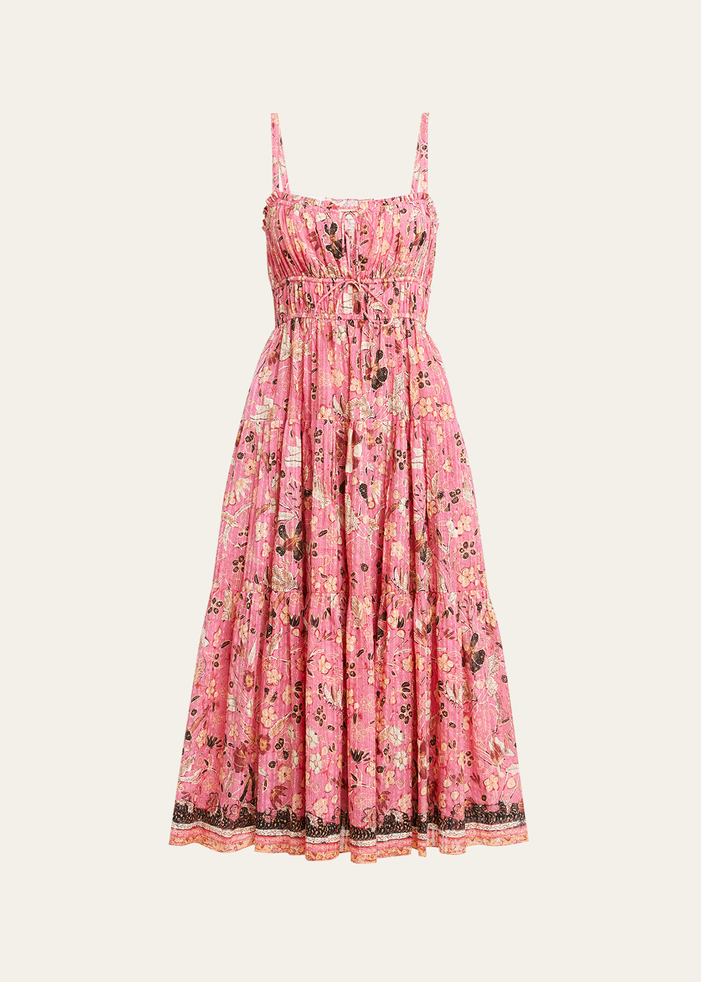Shop Ulla Johnson Anisa Ruffled Floral Tiered Sleeveless Midi Dress In Hollyhock