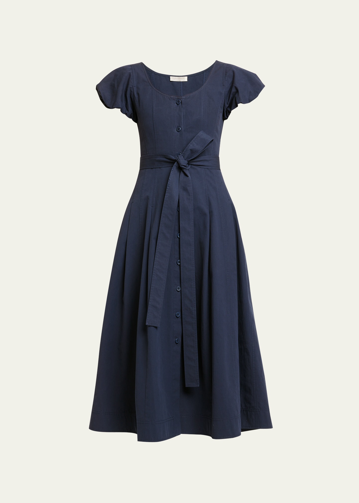 Shop Ulla Johnson Rhea Puff-sleeve Belted Midi Poplin Dress In Midnight